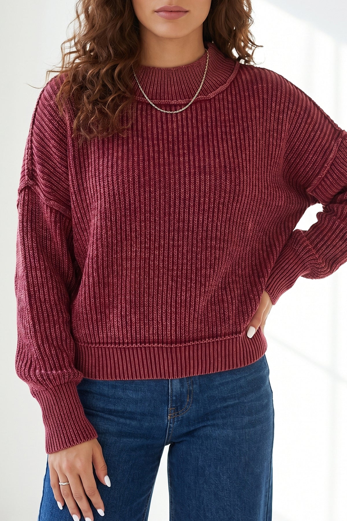 *Red Dahlia Drop Shoulder High Neck Ribbed Sweater