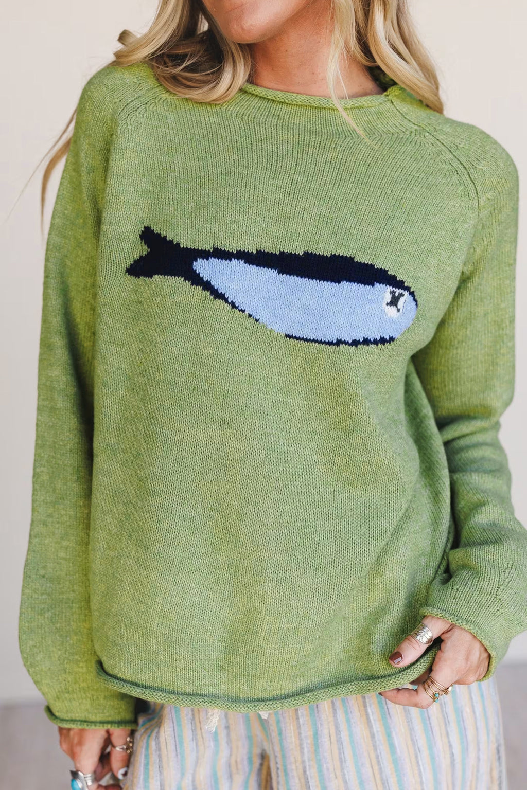 *Meadow Mist Green Unique Fish Knit Oversized Round Neck Sweater