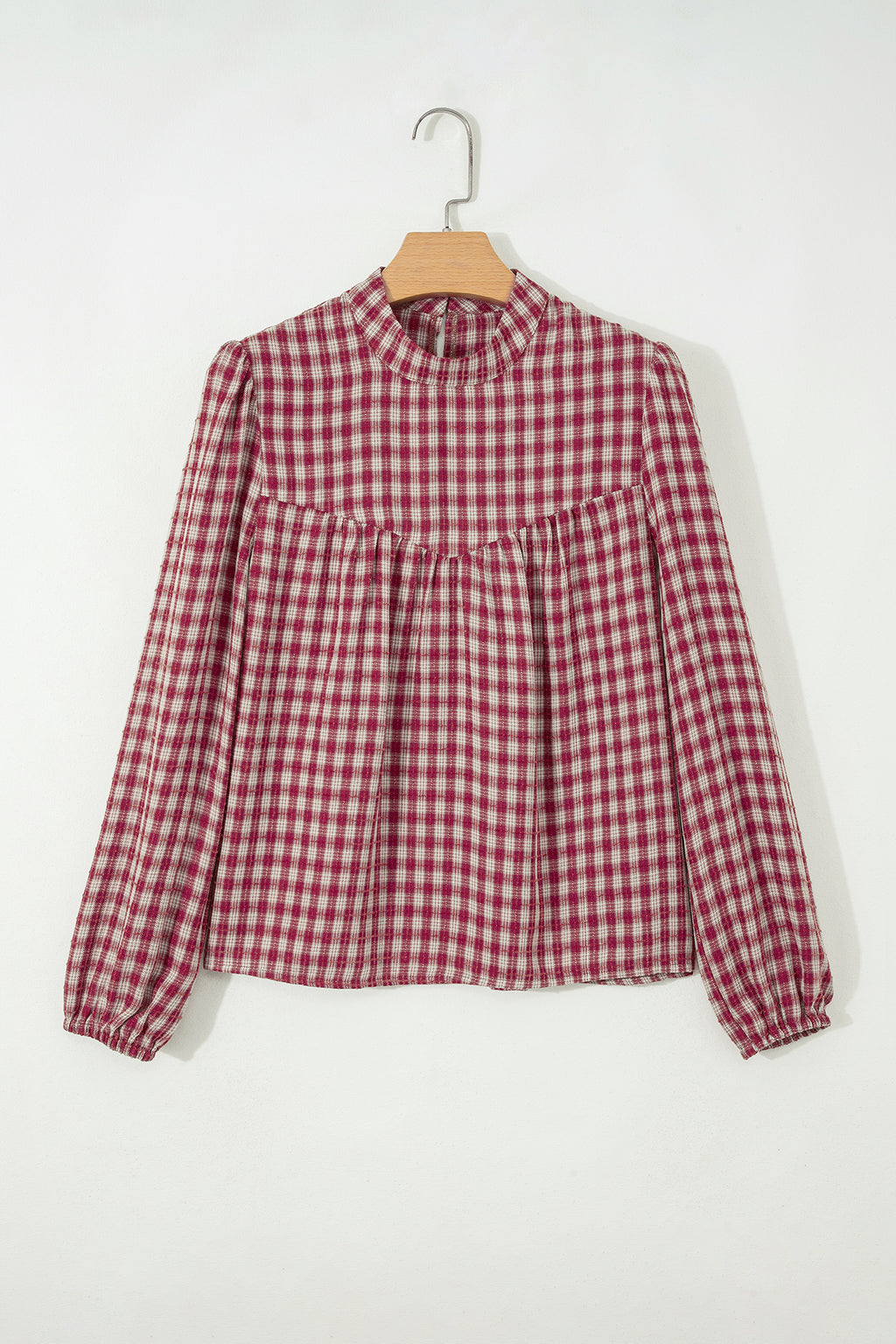 *Coral Country Plaid Long Sleeve Button Keyhole Pleated Loose Blouse