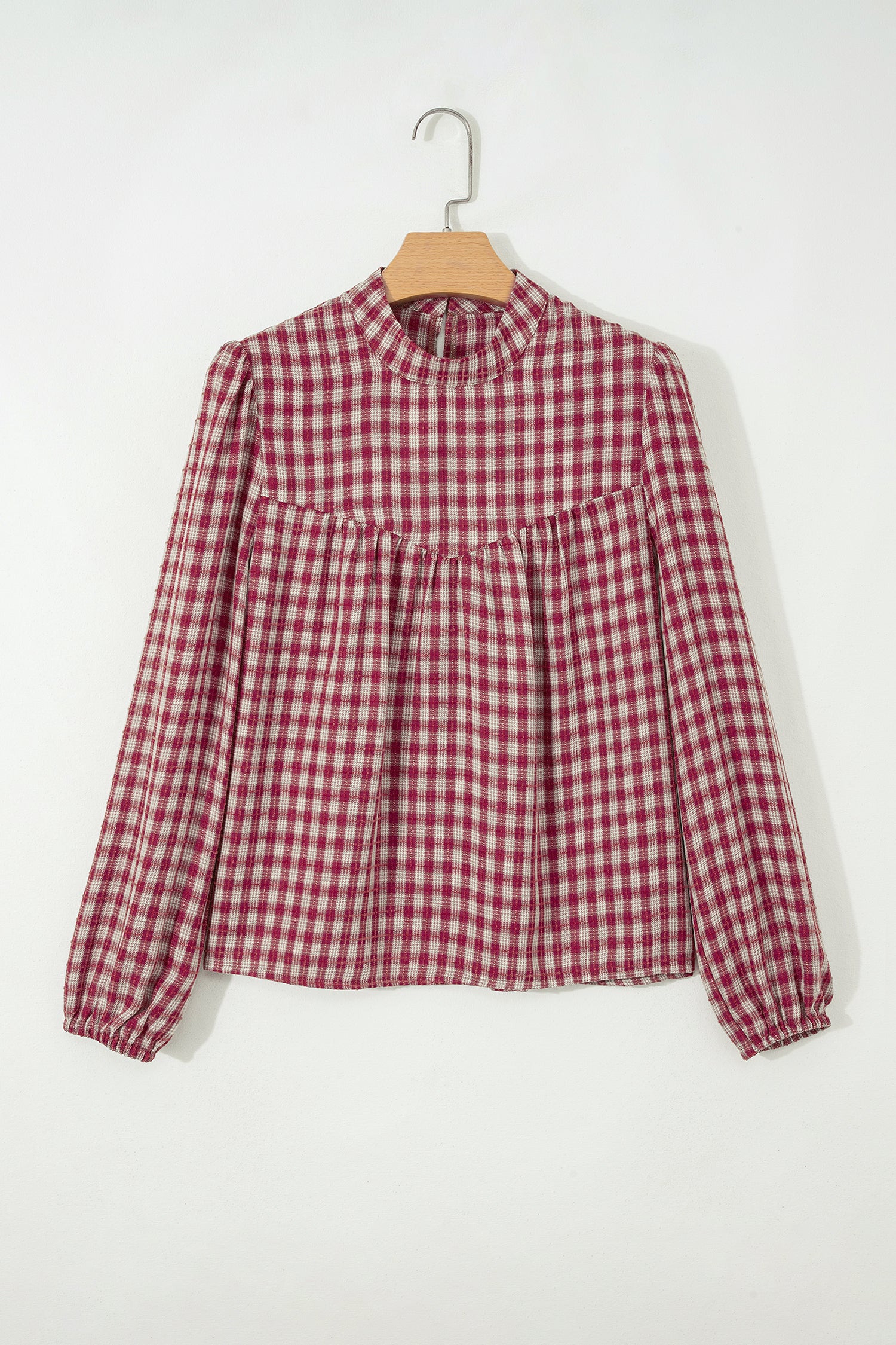 *Coral Country Plaid Long Sleeve Button Keyhole Pleated Loose Blouse