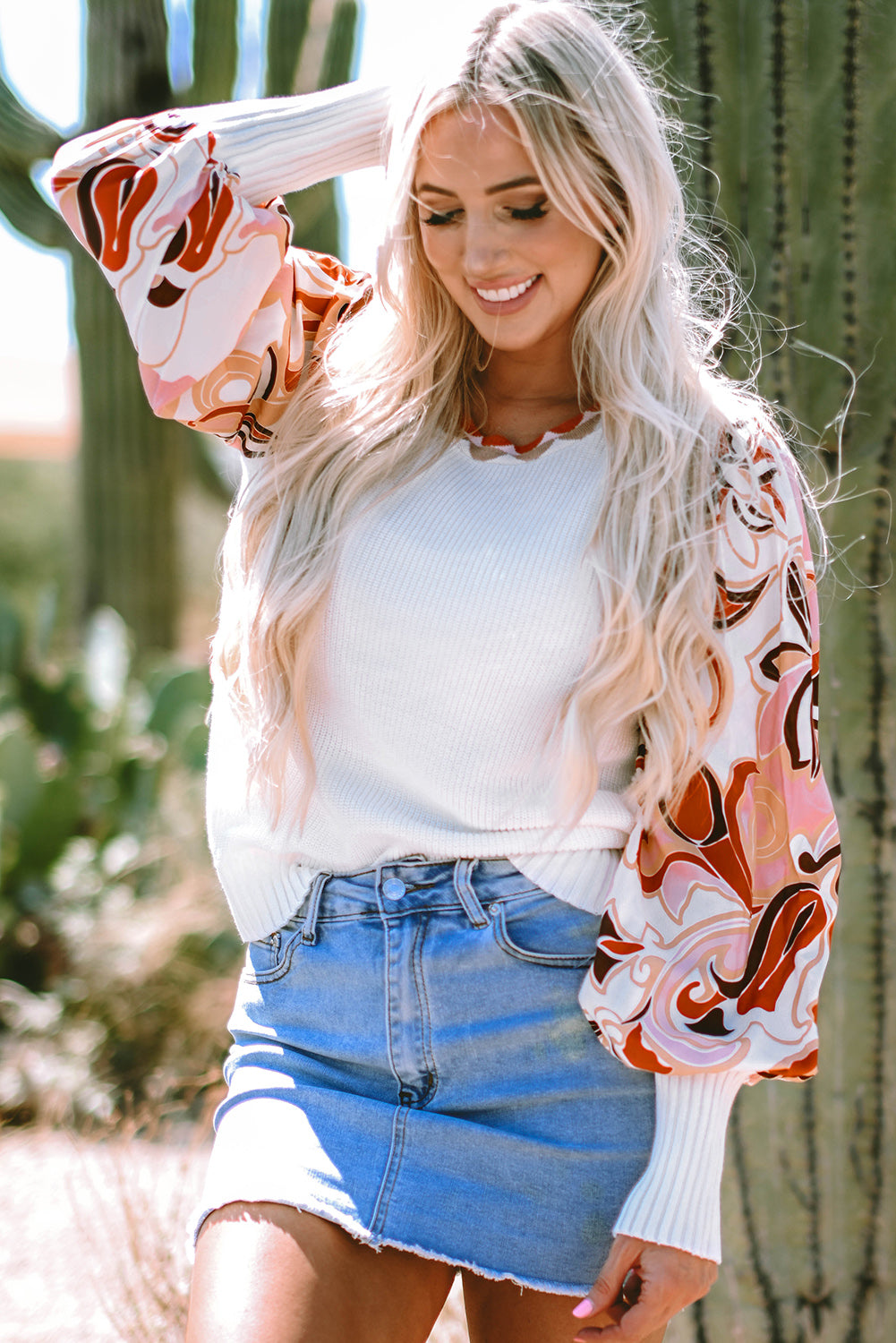 *White Floral Patch Bishop Sleeve Sweater