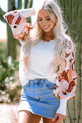 *White Floral Patch Bishop Sleeve Sweater