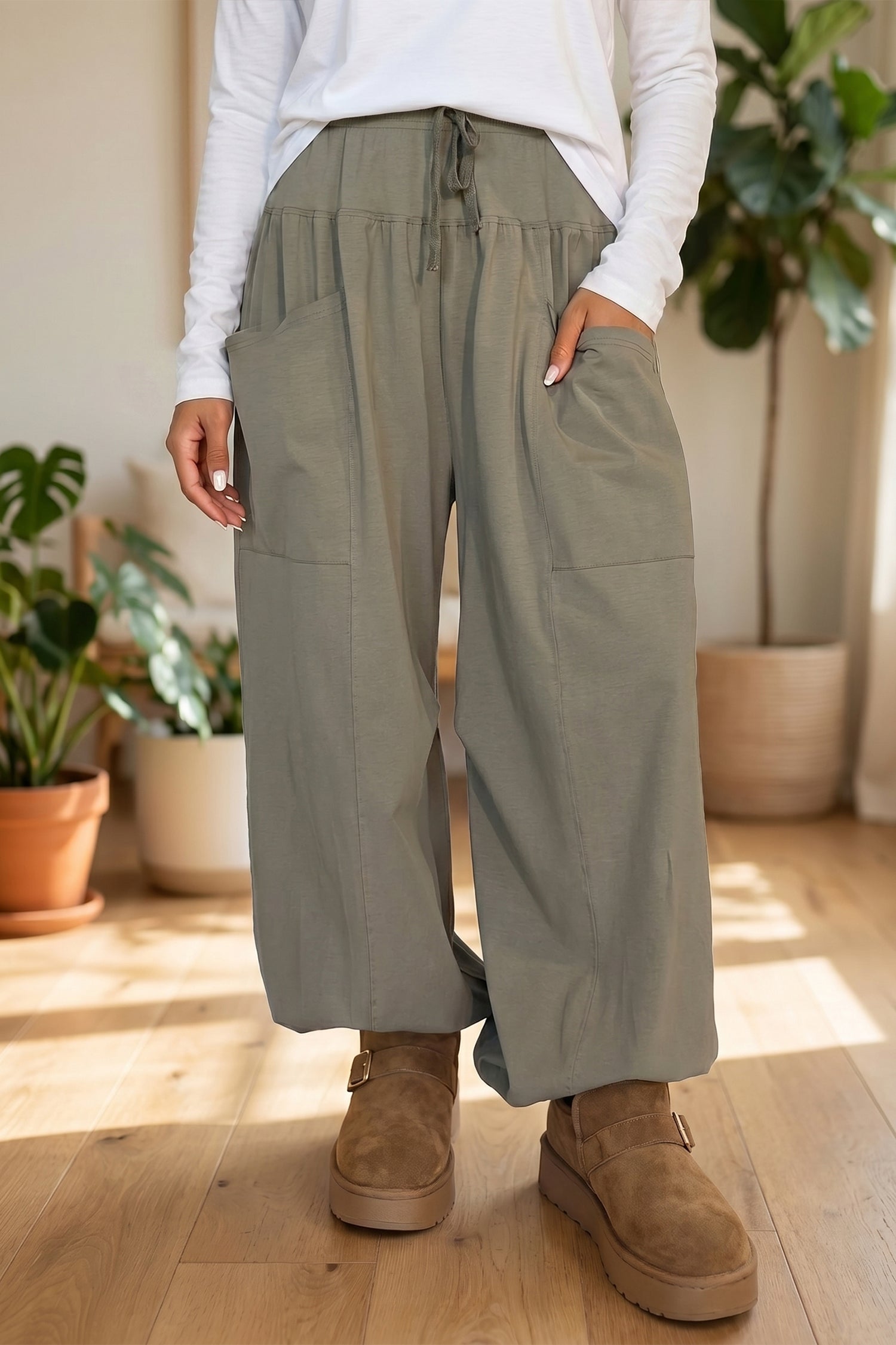 *Seagrass Elastic Waist Drawstring Wide Leg Full Length Pants