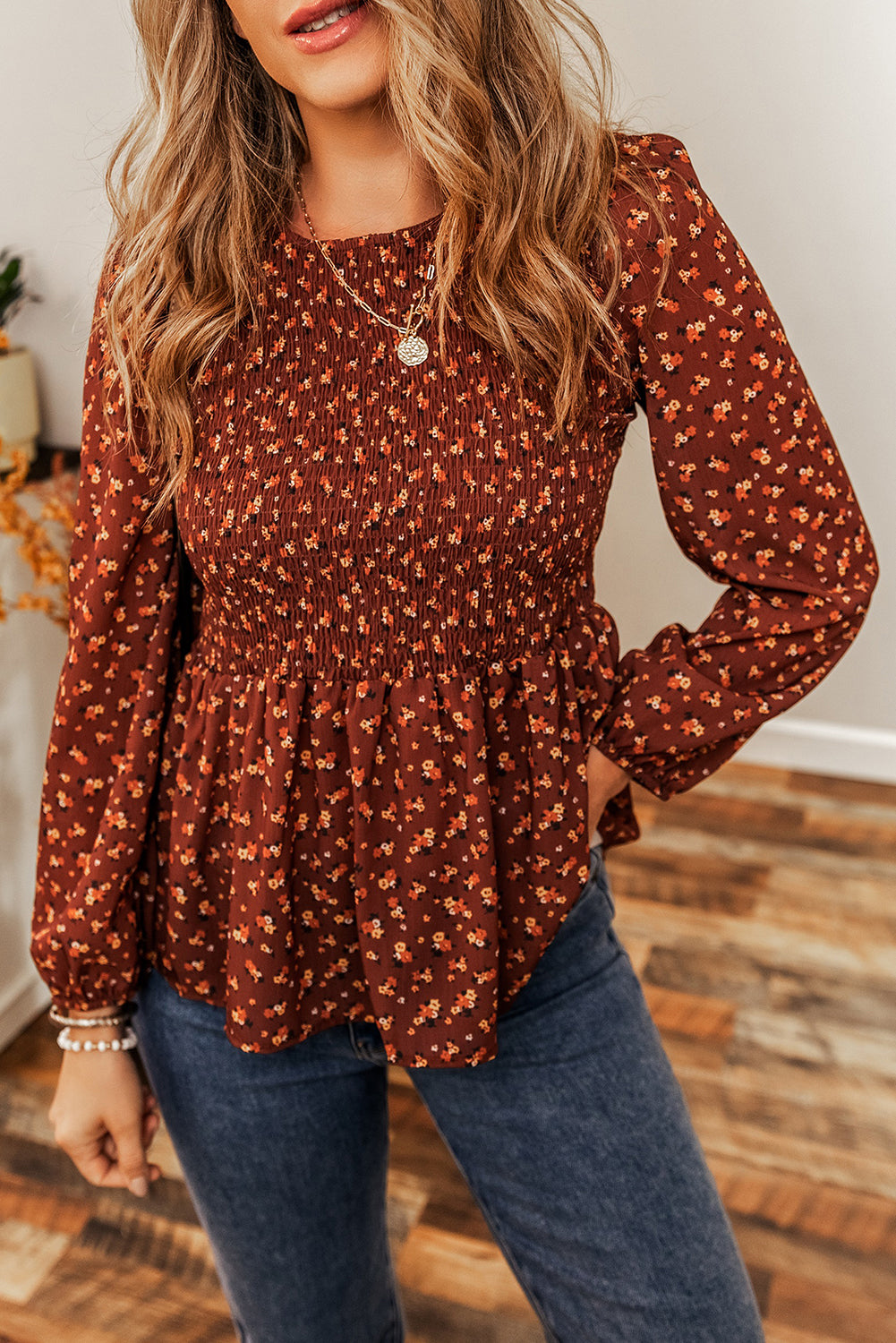 *Boho Floral Smocked Bust Ruffled Peplum Blouse