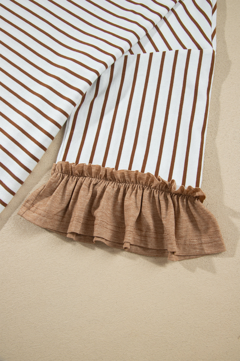 *2 colors Khaki/Gray Stripe V Neck Ruffle Contrast Sleeve Top Drawstring Pants 2pcs Set