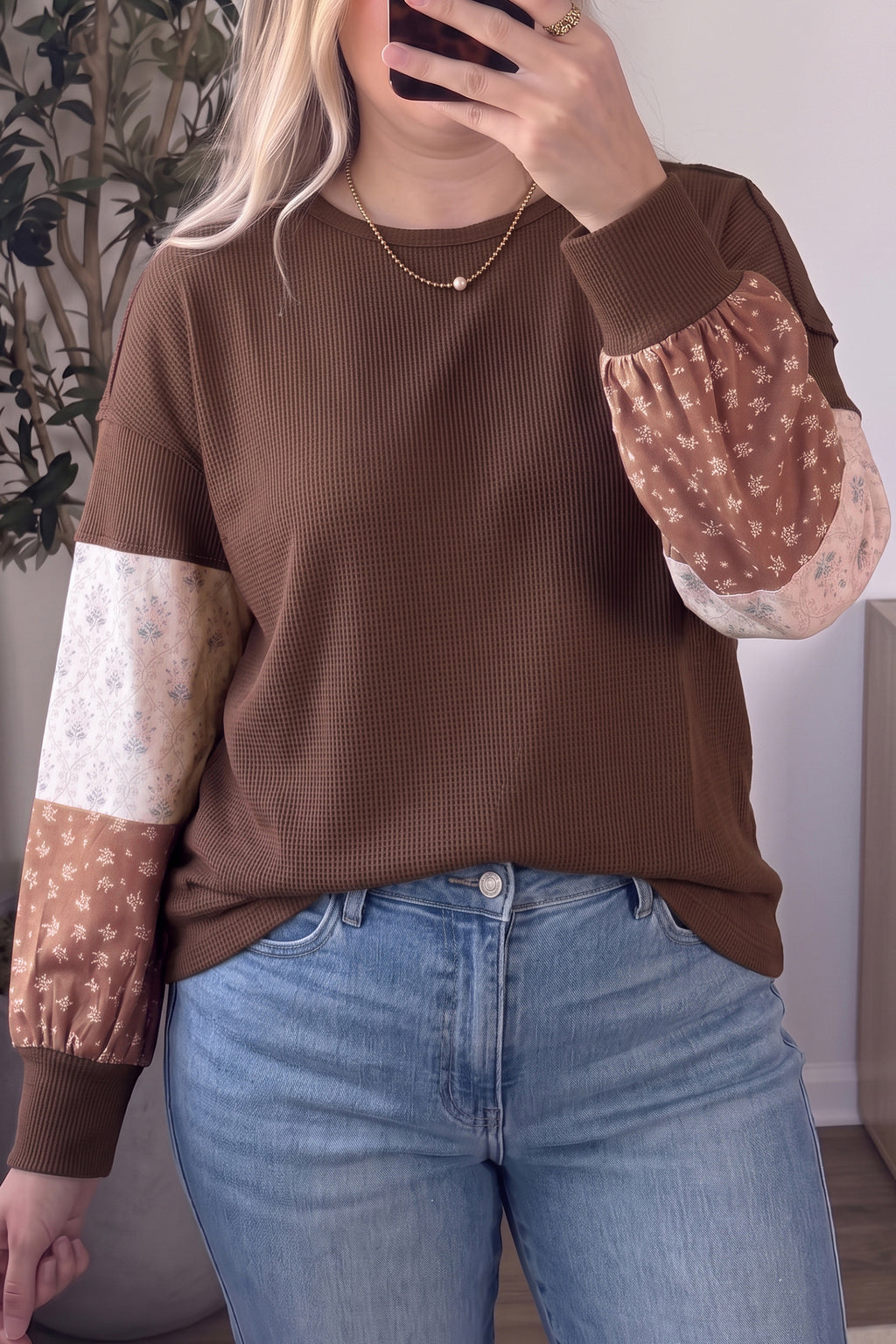 *Coffee Plus Size Waffle Knit Floral Patchwork Long Sleeve Top