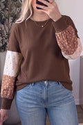 *Coffee Plus Size Waffle Knit Floral Patchwork Long Sleeve Top