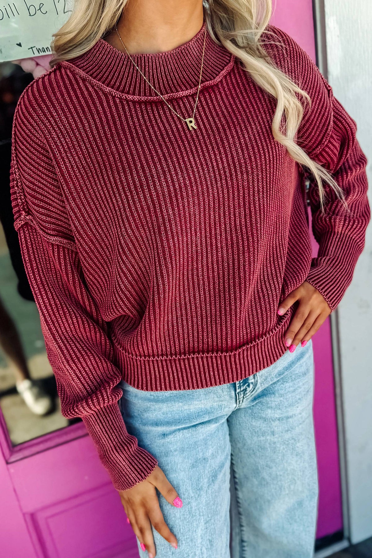 *Red Dahlia Drop Shoulder High Neck Ribbed Sweater