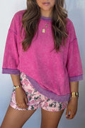 *Strawberry Pink Mineral Wash Color Block Trim Bracelet Sleeve Pullover Top