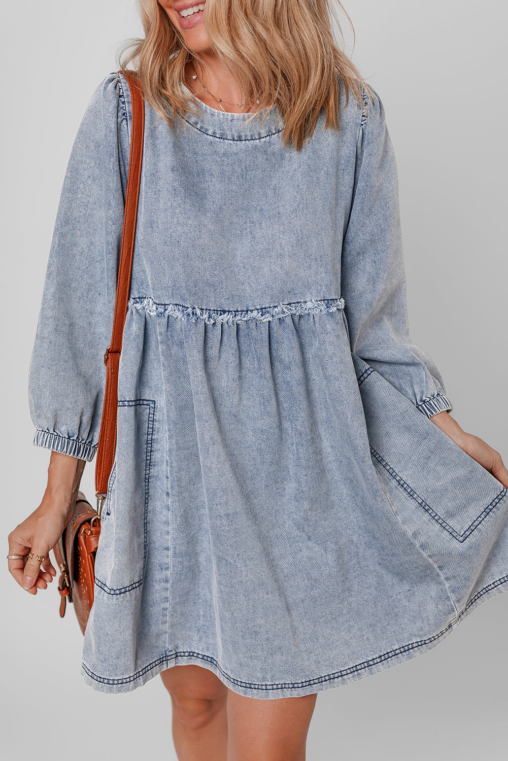 *Beau Blue Light Wash High Waist Loose Fit Denim Mini Dress
