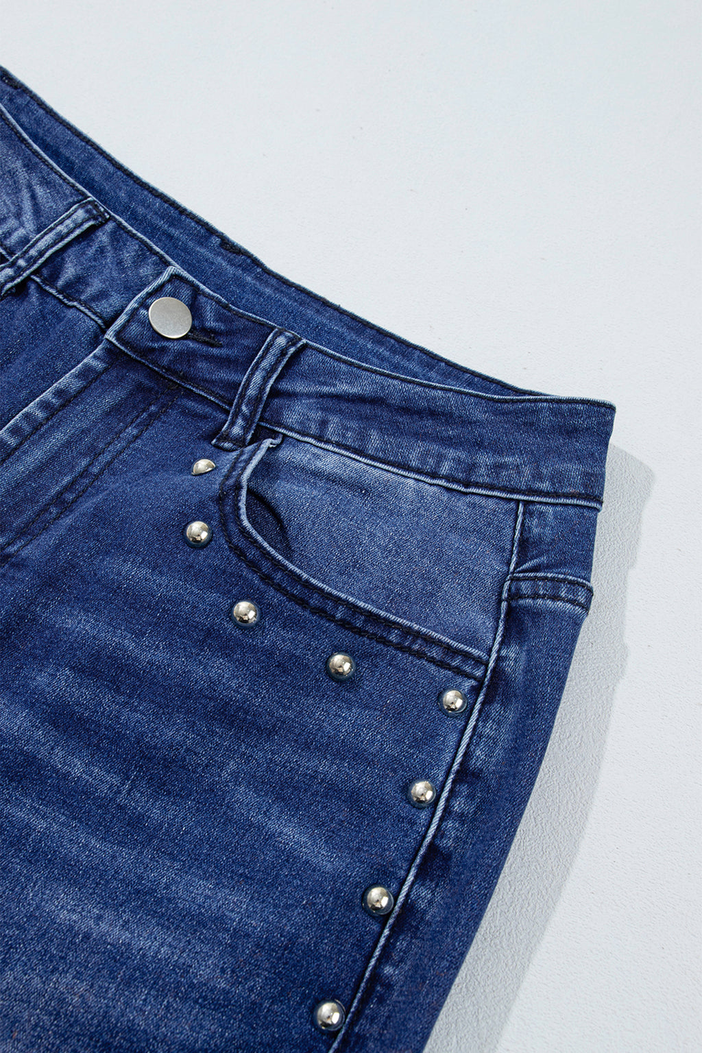 *Navy Blue Studded Detail Straight Leg Casual Loose Jeans