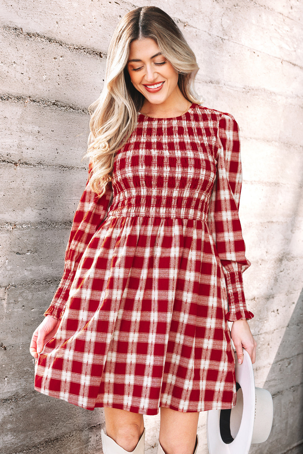 *Red Plaid Print Smocked Puff Sleeve Mini Dress
