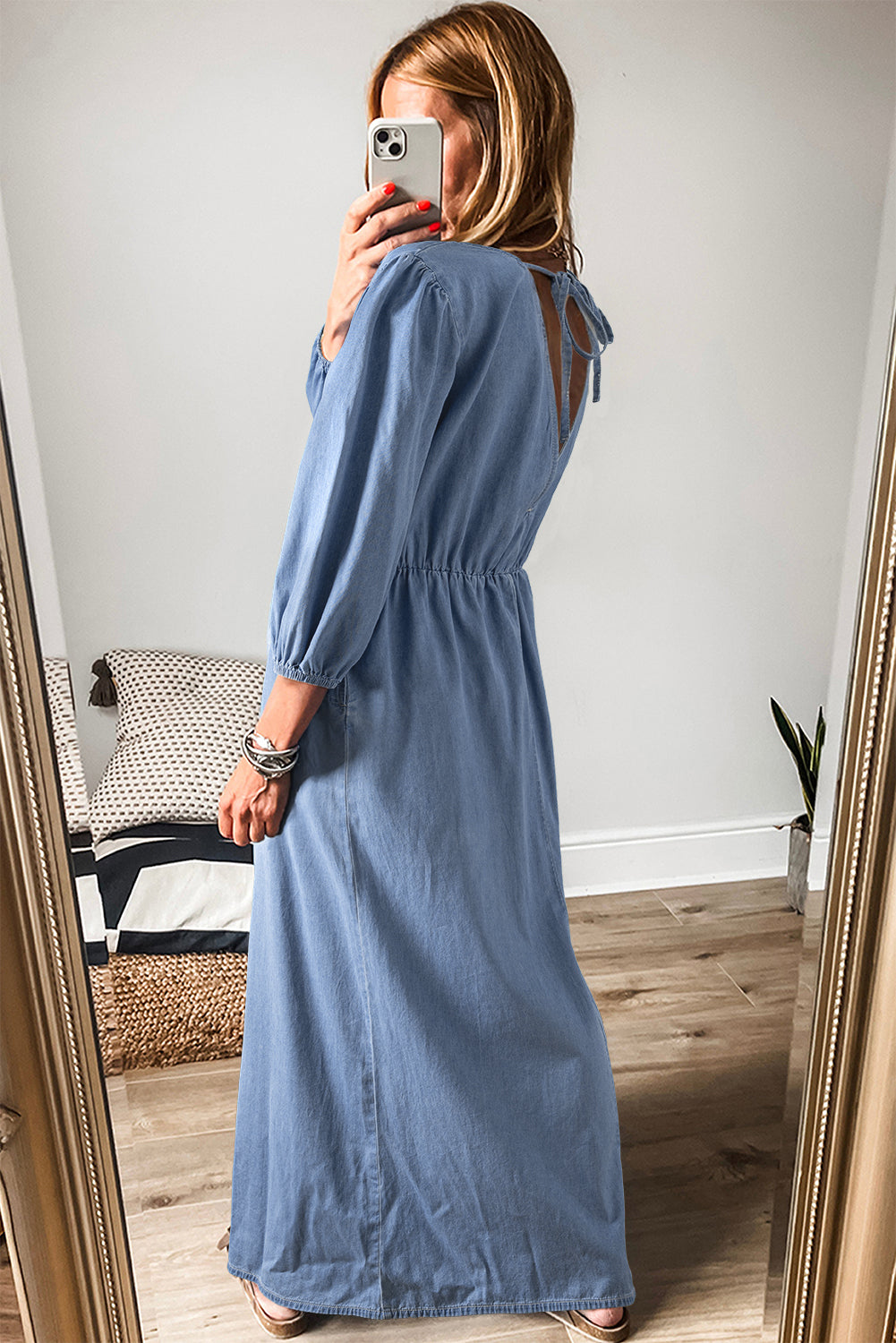 *Myosotis Chambray Deep V Neck Bracelet Sleeve Maxi Dress