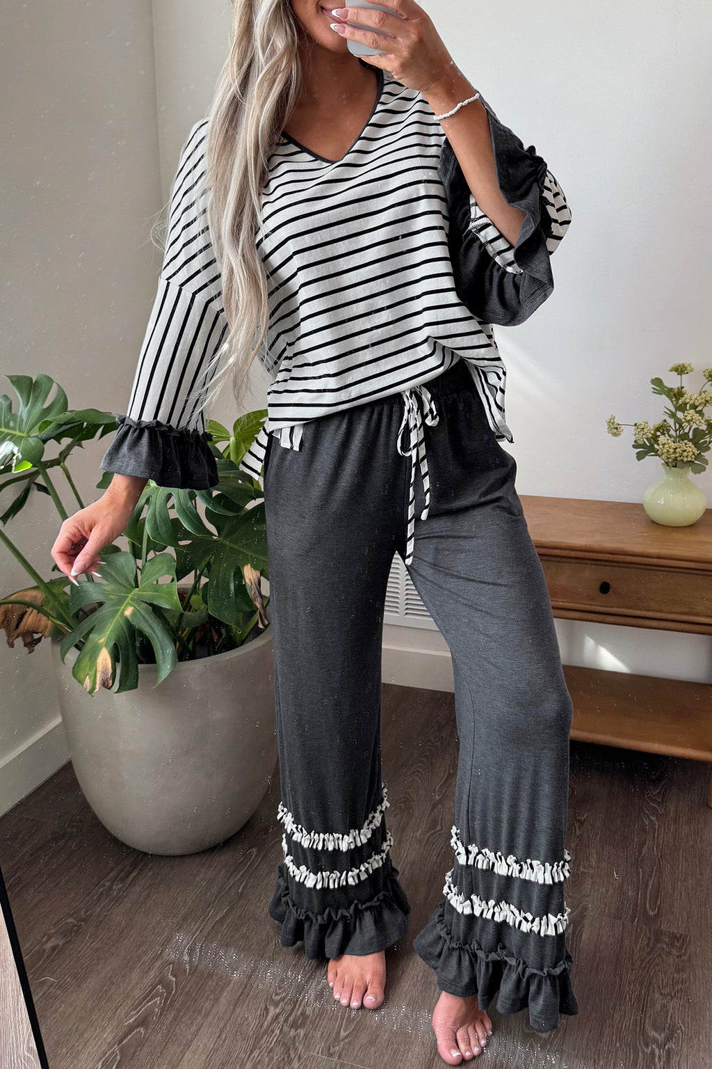 *2 colors Khaki/Gray Stripe V Neck Ruffle Contrast Sleeve Top Drawstring Pants 2pcs Set