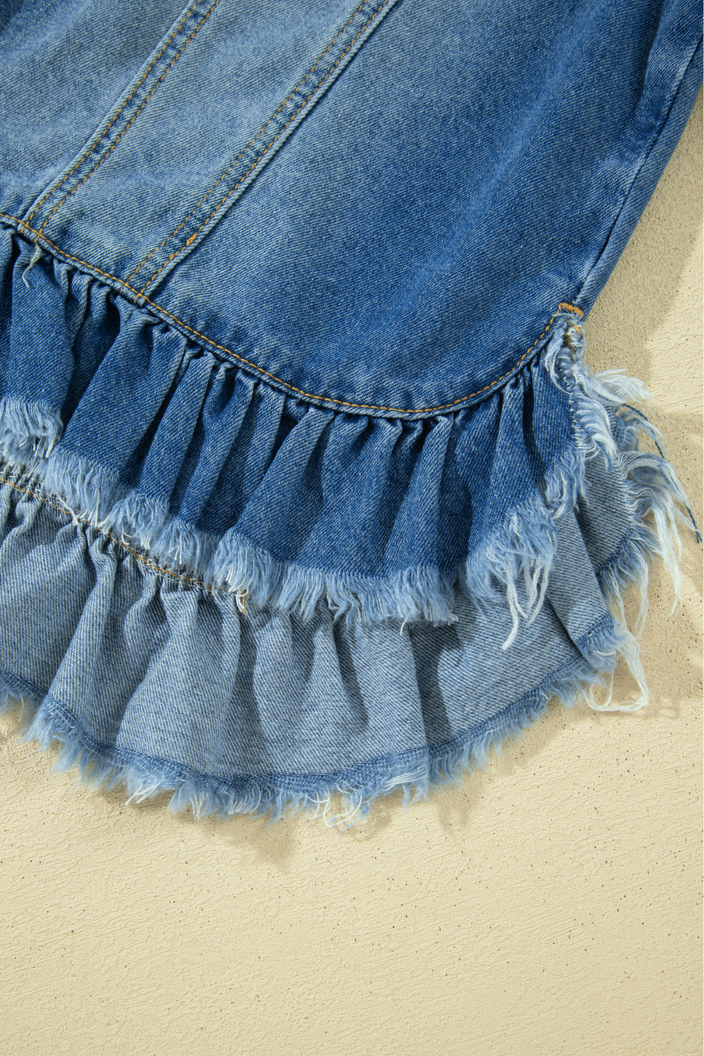 *Blue Ruffle Hem Raw Edge Half Sleeve Western Denim Jacket