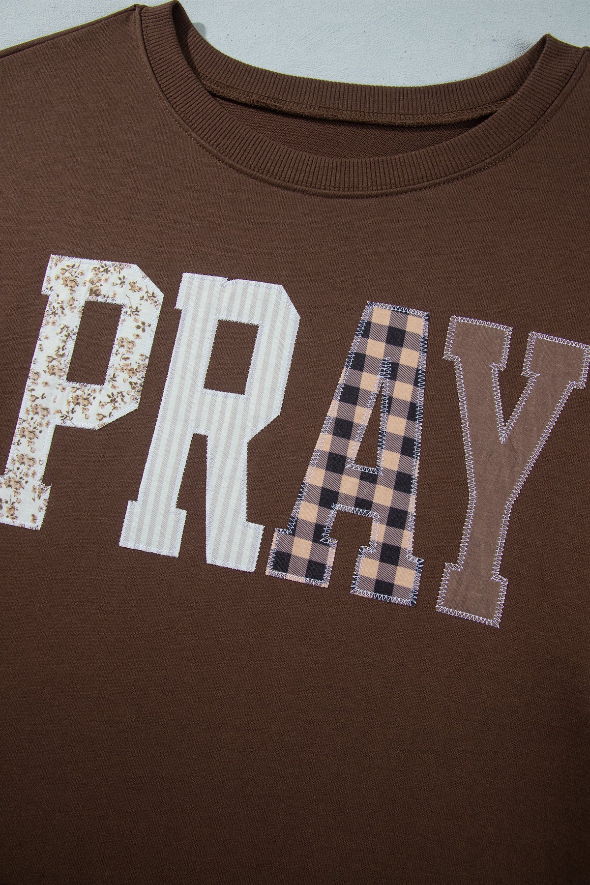 *Coffee PRAY Letter Patchwork Round Neck Long Sleeve Plus Size Sweatshirt
