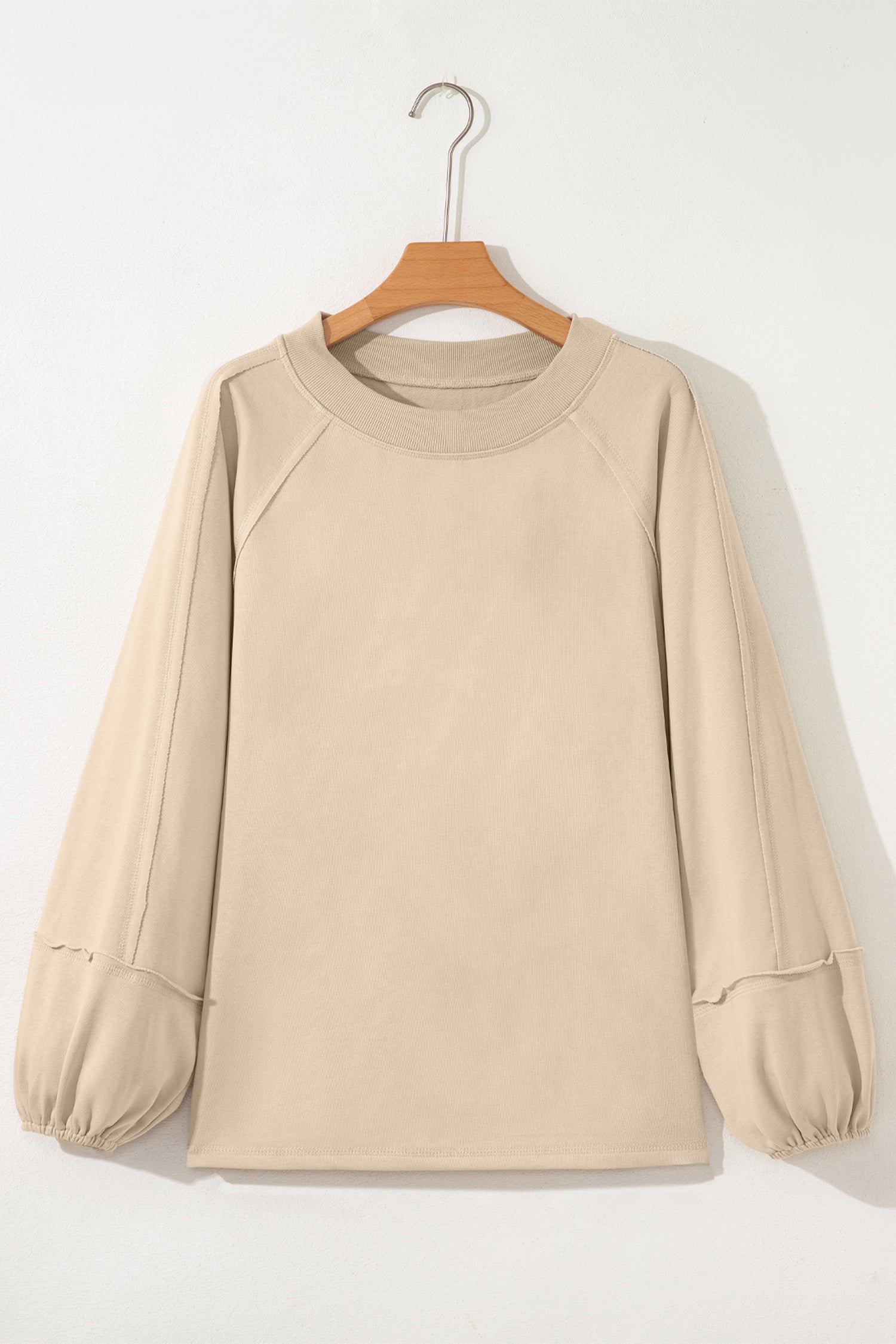 *Beige Solid Color Raw Seam Patchwork Baggy Sweatshirt