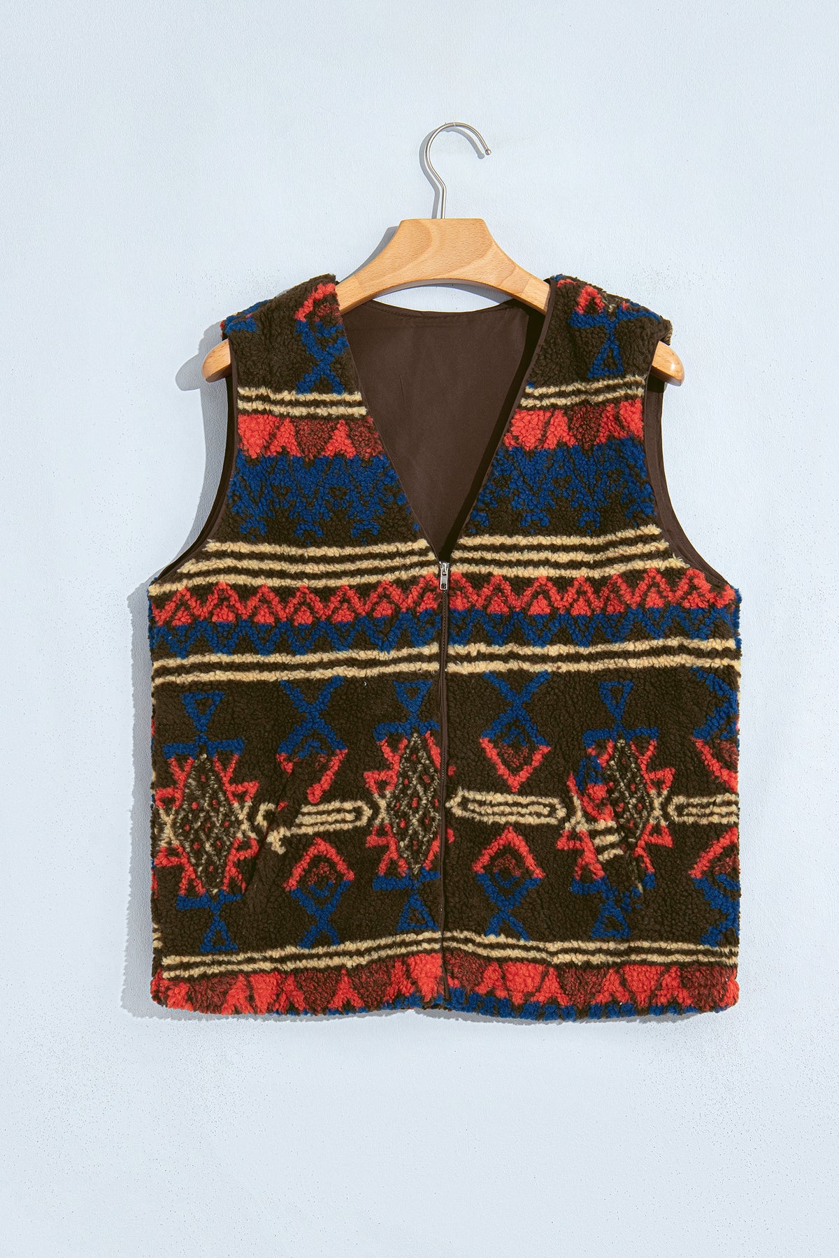 *Multicolour Western Print Faux Fur Metal Zipper Insert Pockets Sleeveless Vest