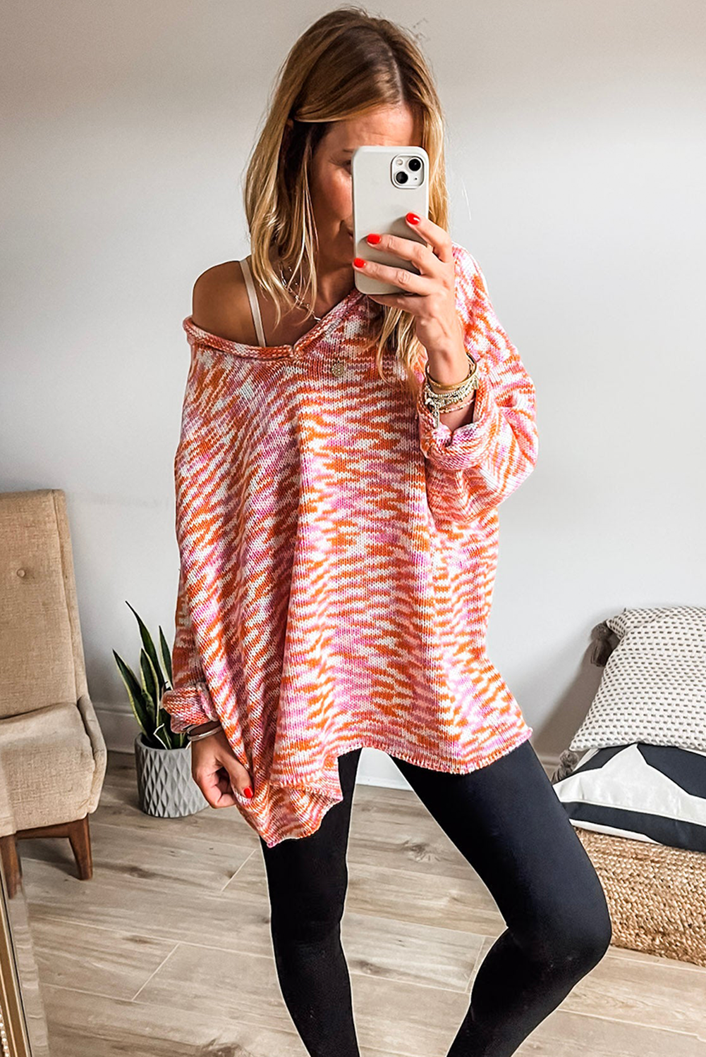*Orange Vibrant Abstract Print Drop Shoulder V Neck Tunic Oversized Sweater