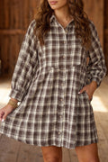 *Brown Plaid Long Sleeve Short Shift Mini Dress
