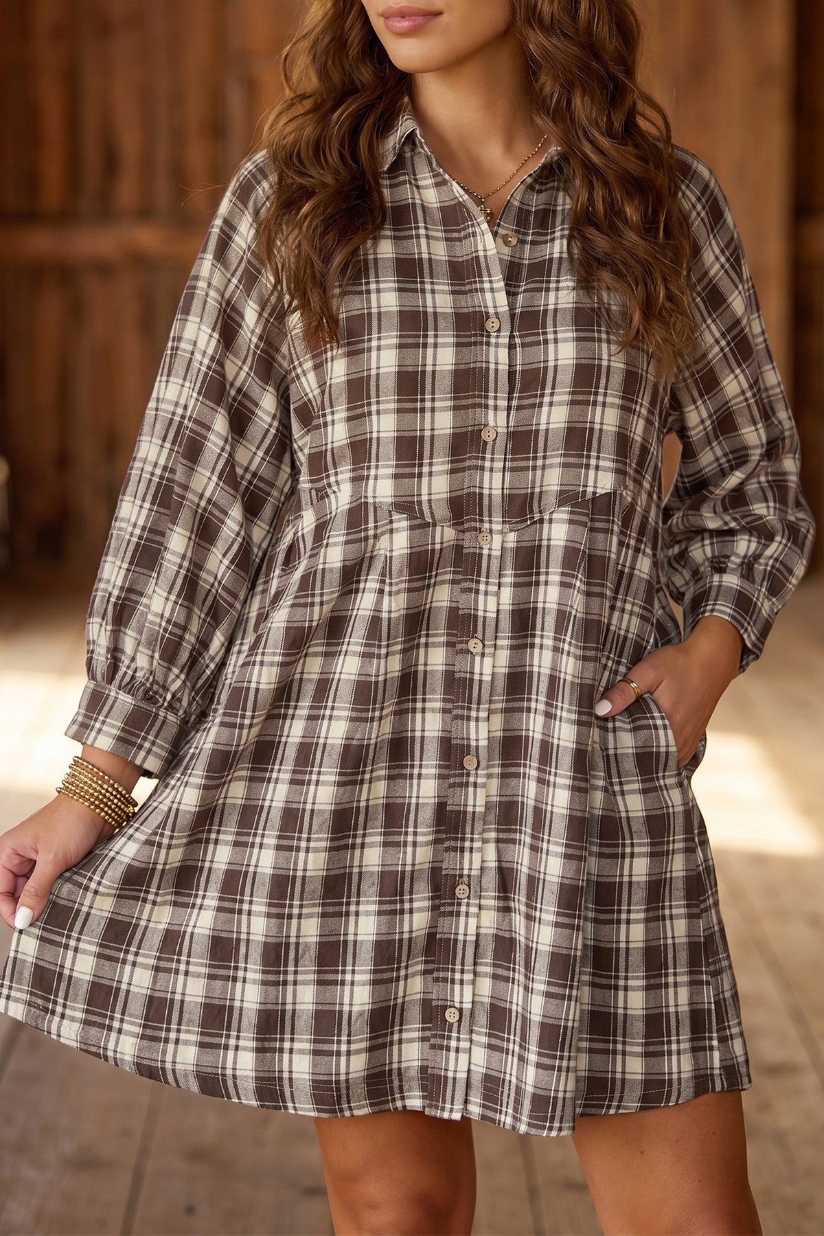 *Brown Plaid Long Sleeve Short Shift Mini Dress