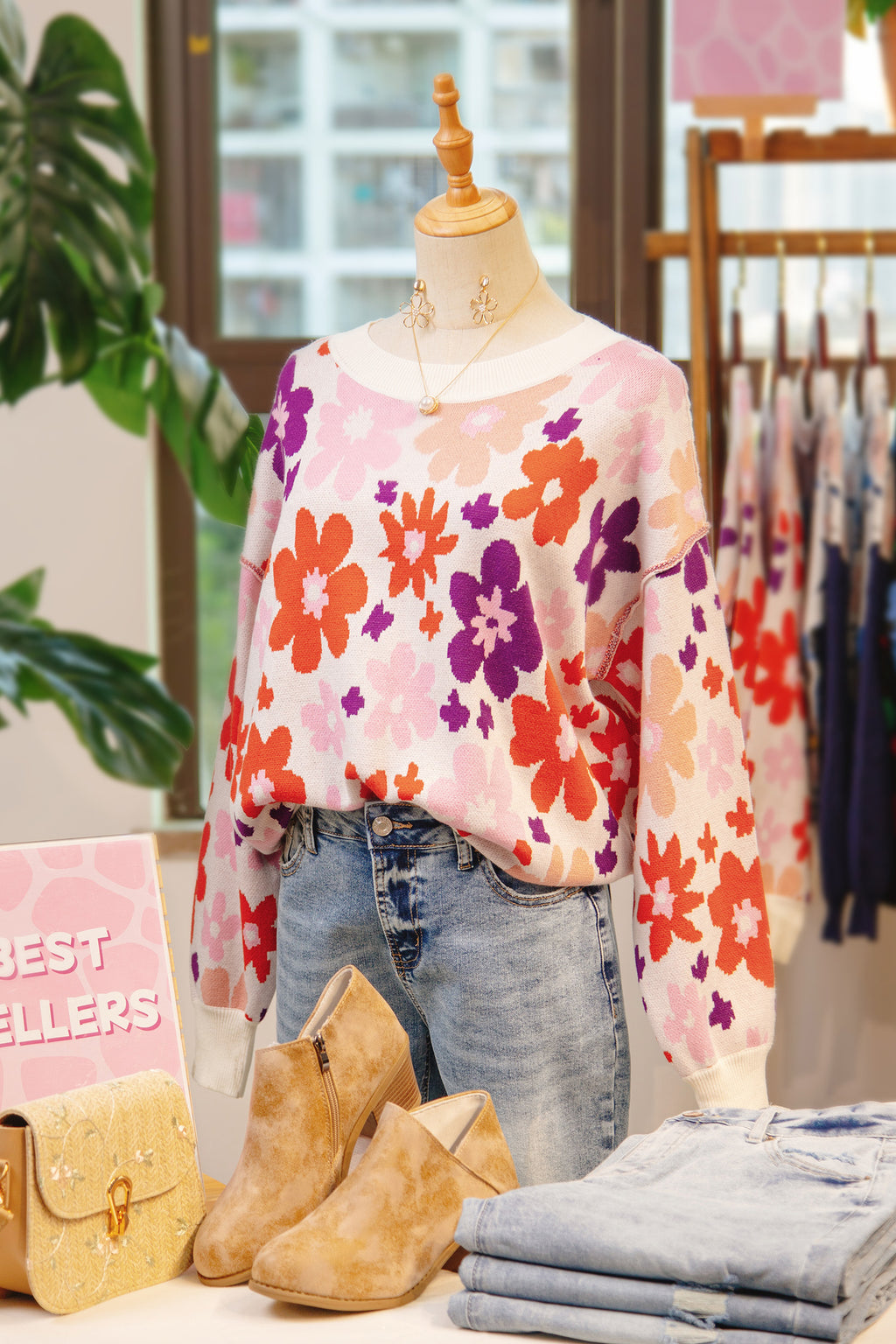 *Khaki Fall Floral Pattern Drop Shoulder Sweater