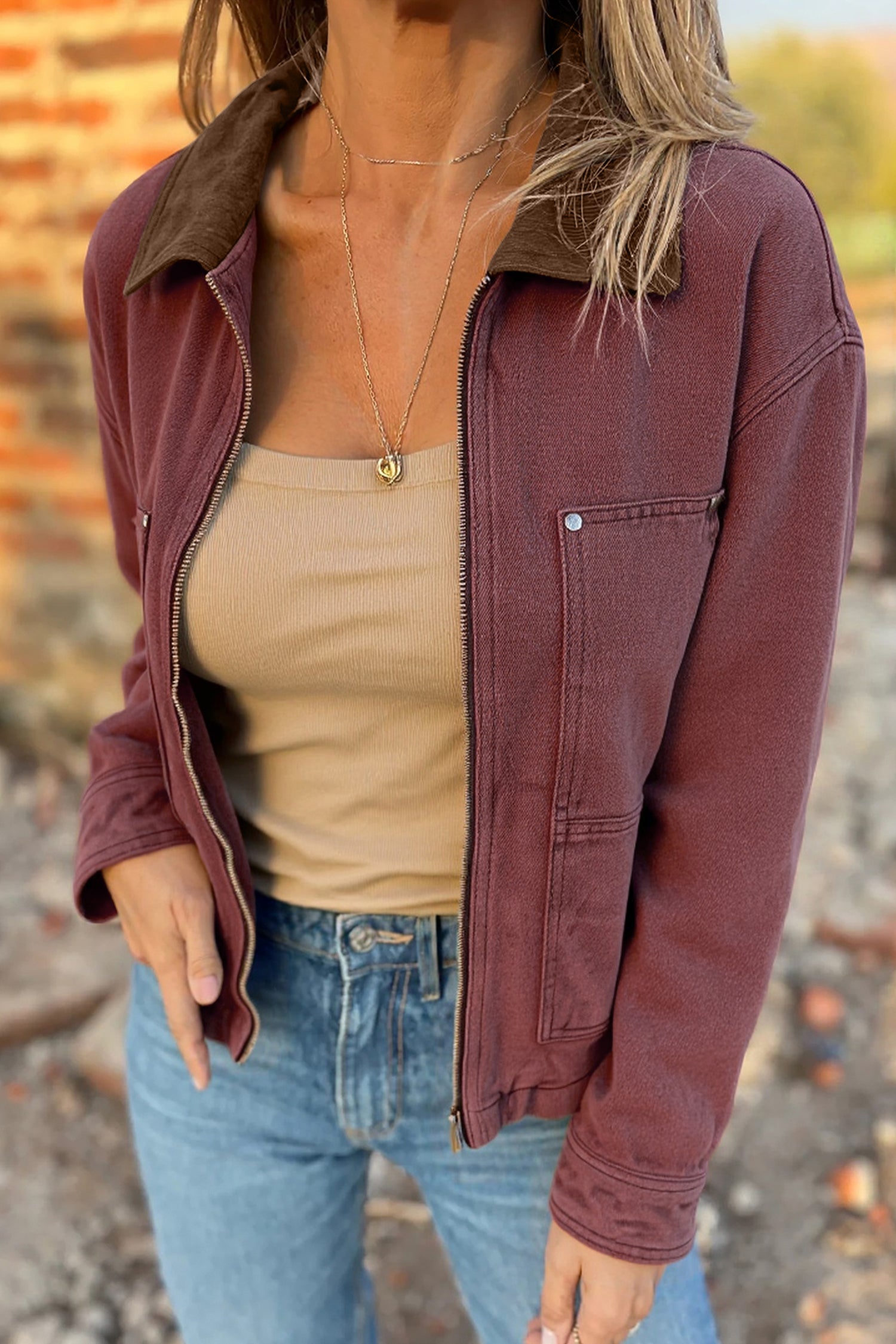 *Coffee Corduroy Collar Zipped Front Denim Jacket