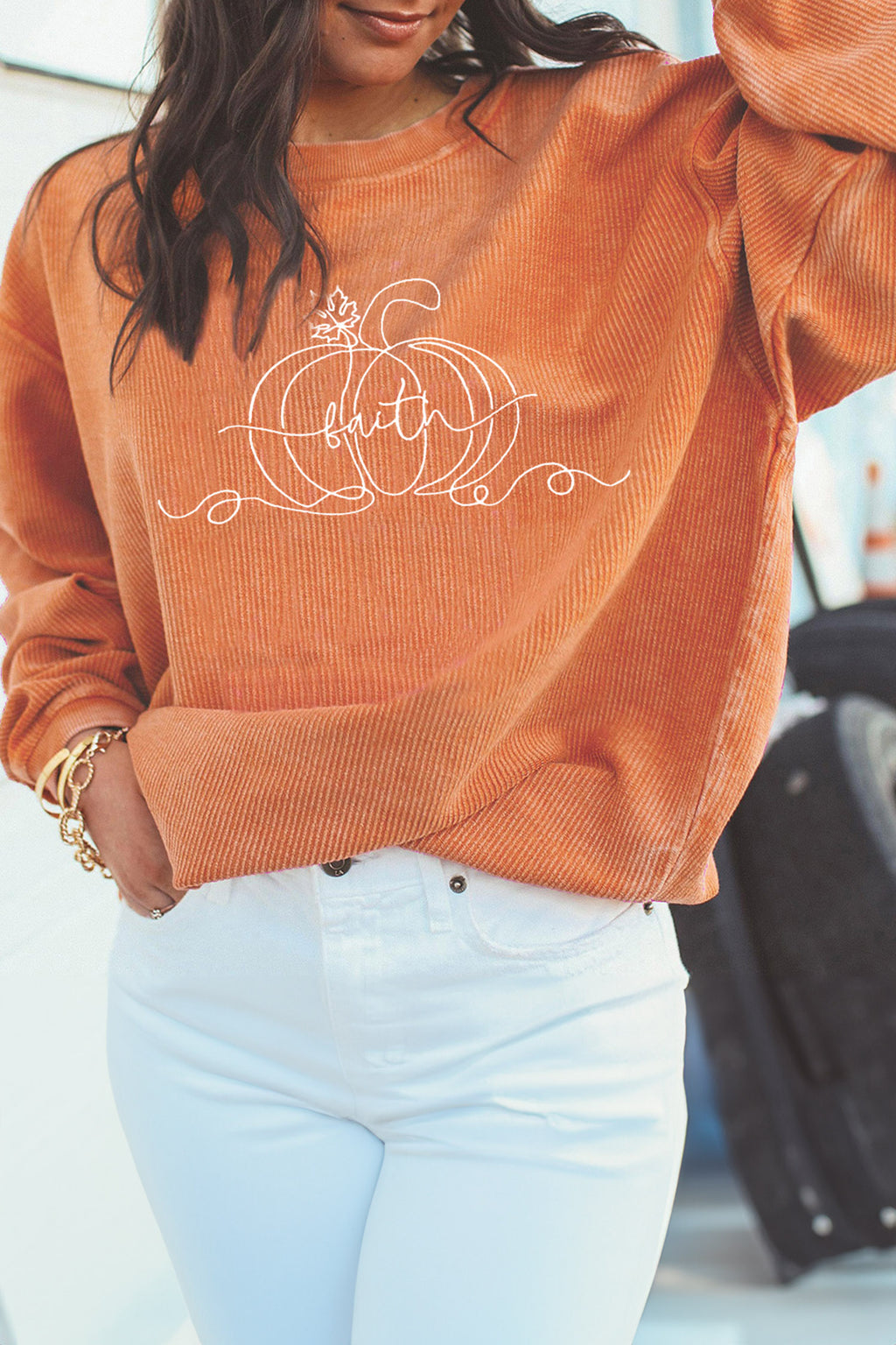 *Orange Custom Embroidered Pumpkin Faith Graphic Sweatshirt