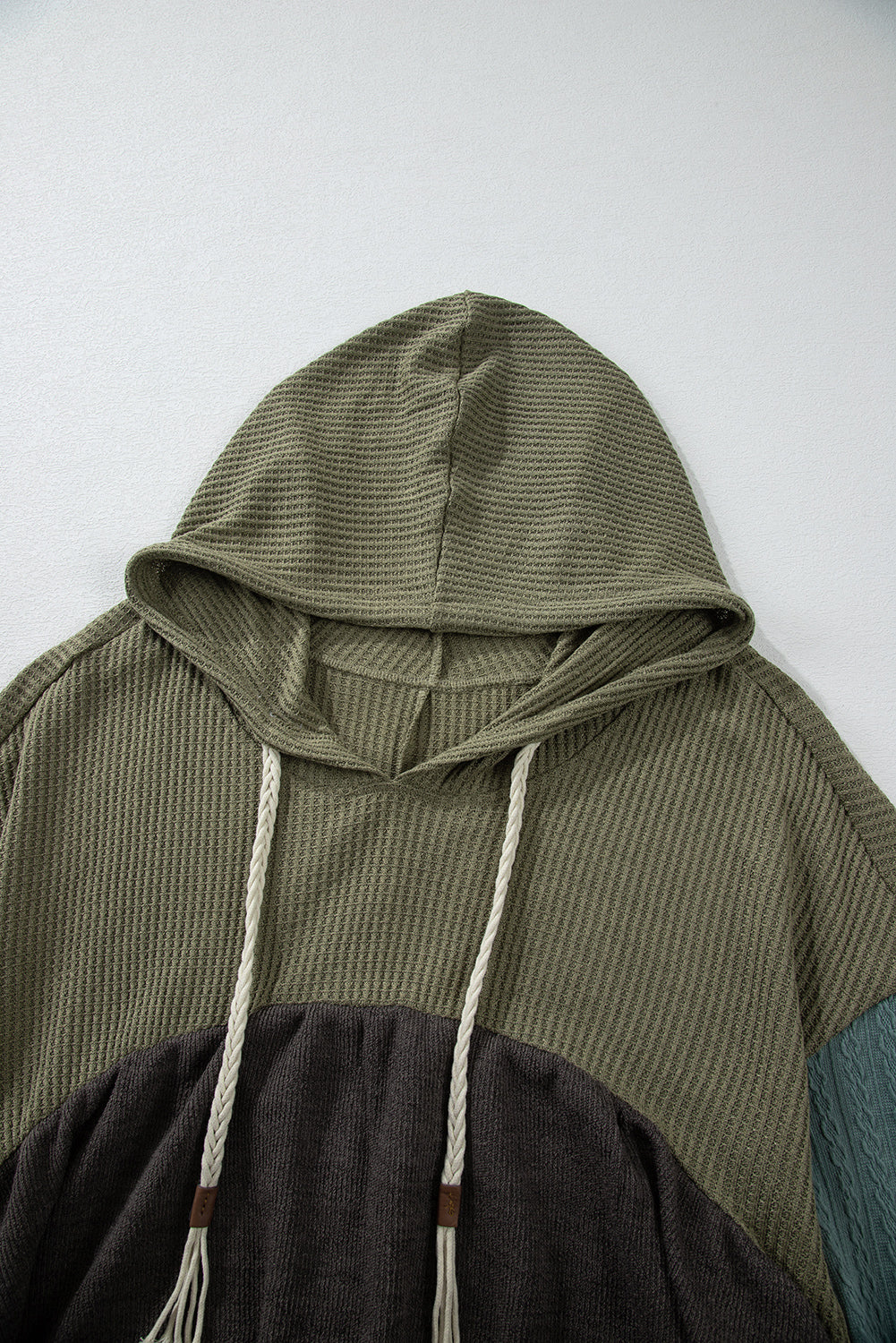 *Laurel Green Mixed Textured Colorblock Patchwork Wide Sleeve Frayed High Low Hooded Top