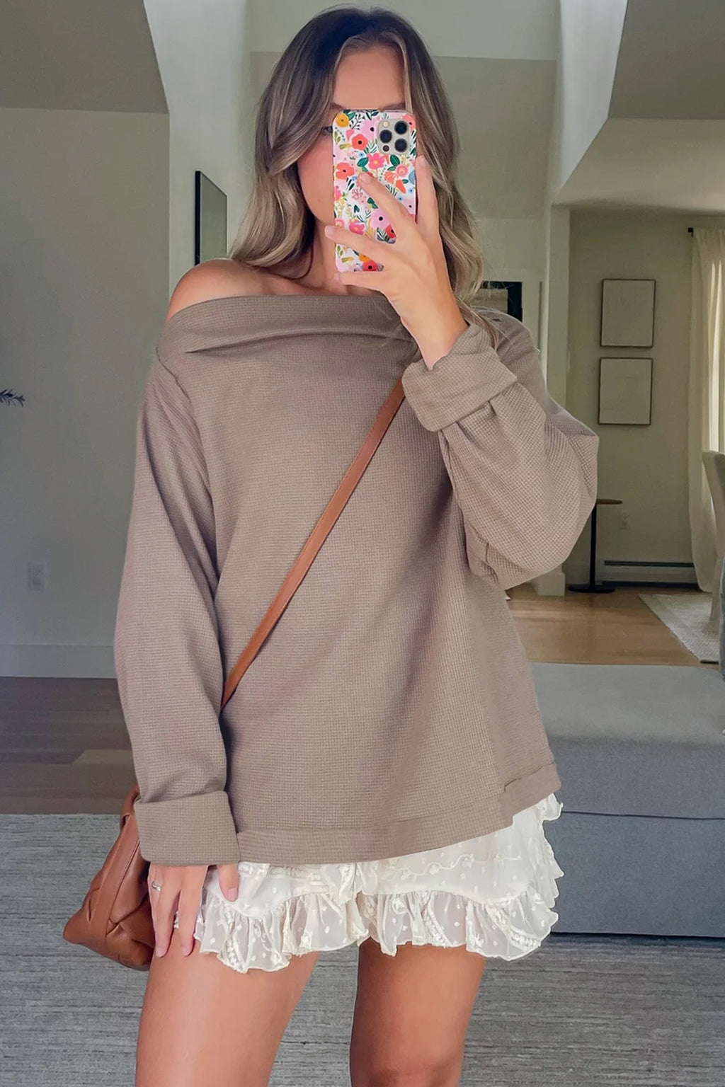 *Beige Solid Color Waffle Knit Asymmetric Neck Long Sleeve Top