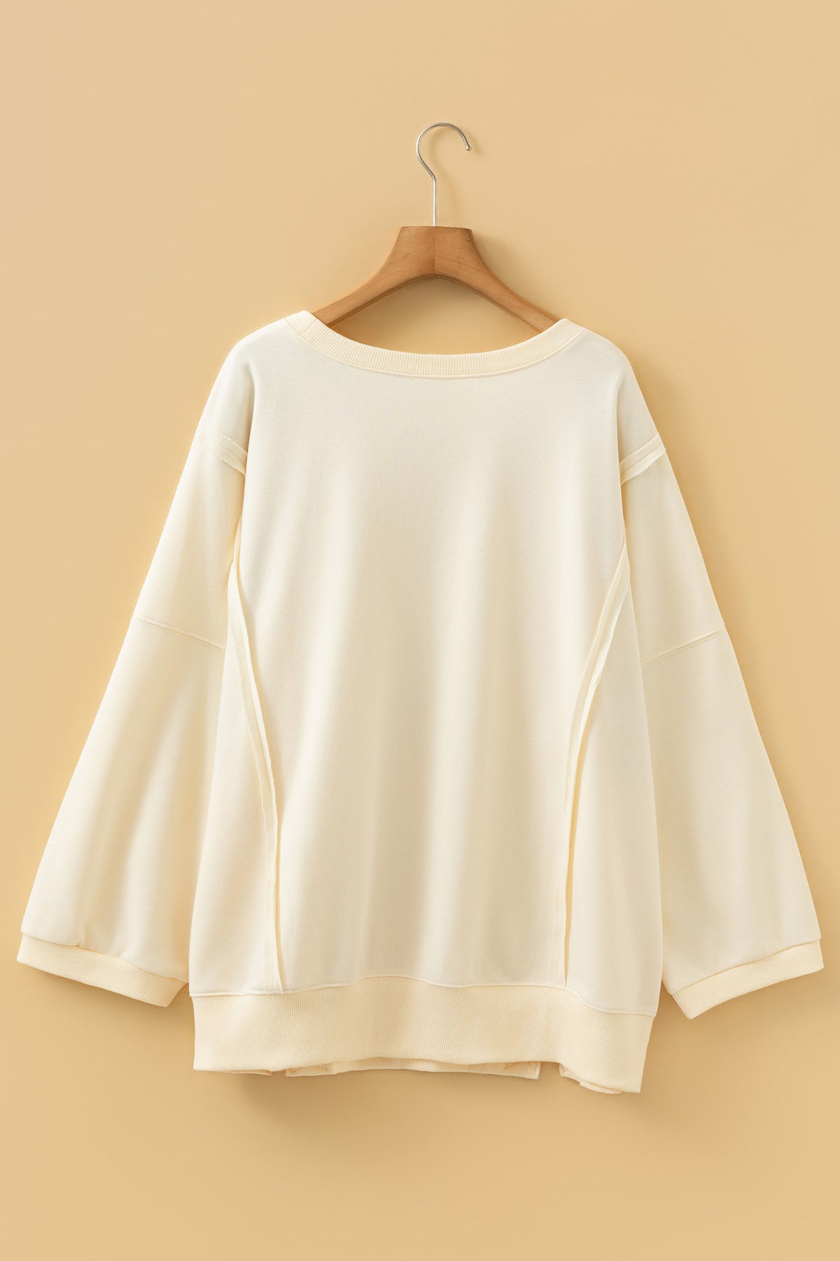 *Beige Plus Size Raw Seam Detail Floral Bow Patched Baggy Pullover