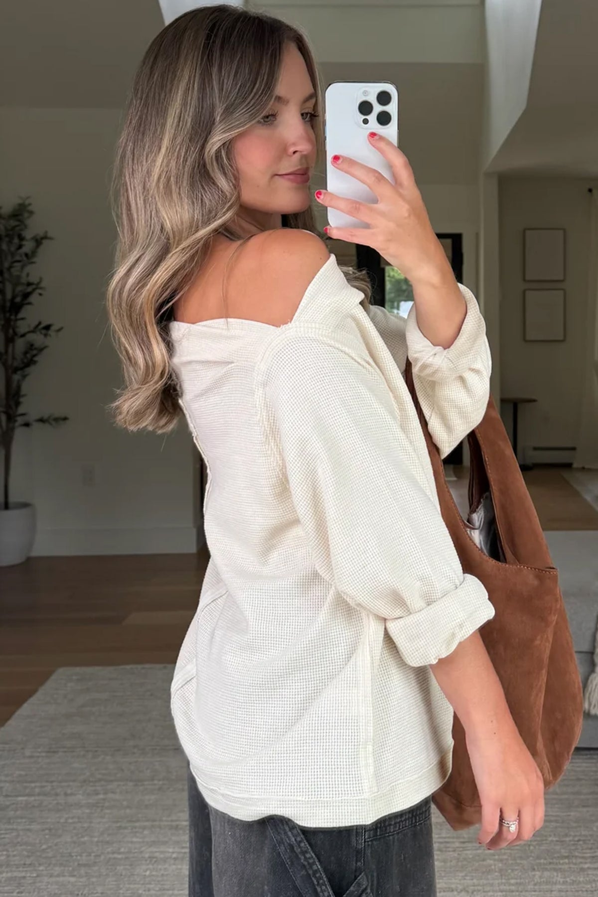 *Beige Solid Color Waffle Knit Asymmetric Neck Long Sleeve Top