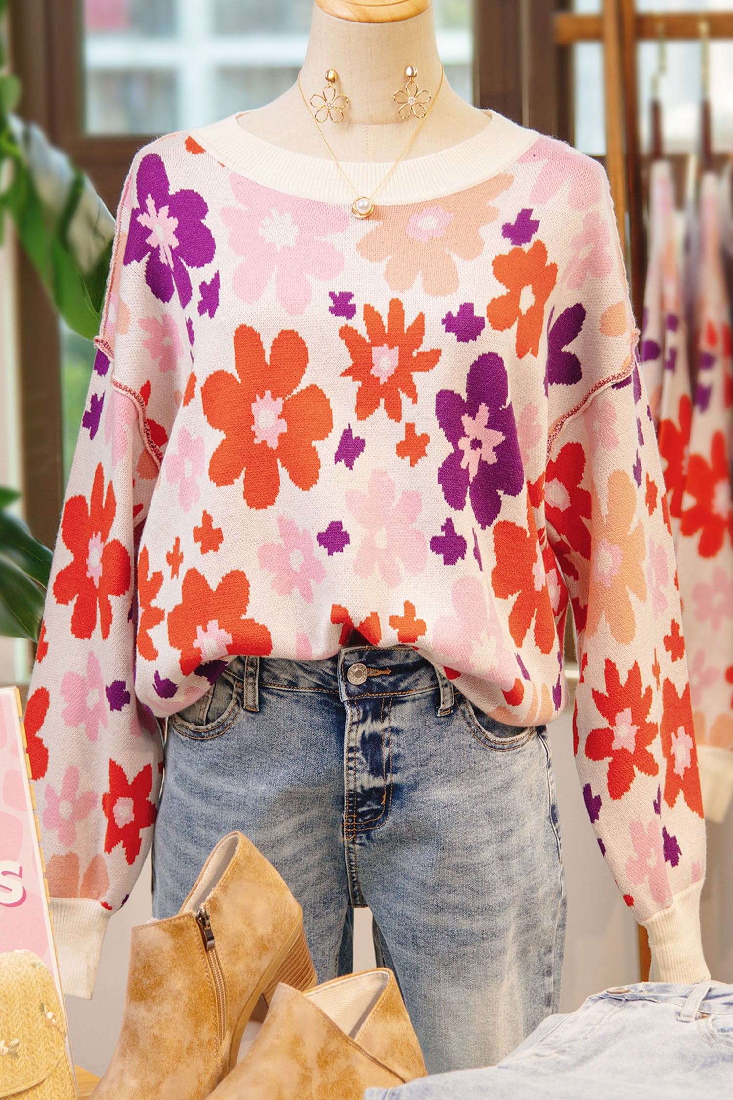*Khaki Fall Floral Pattern Drop Shoulder Sweater