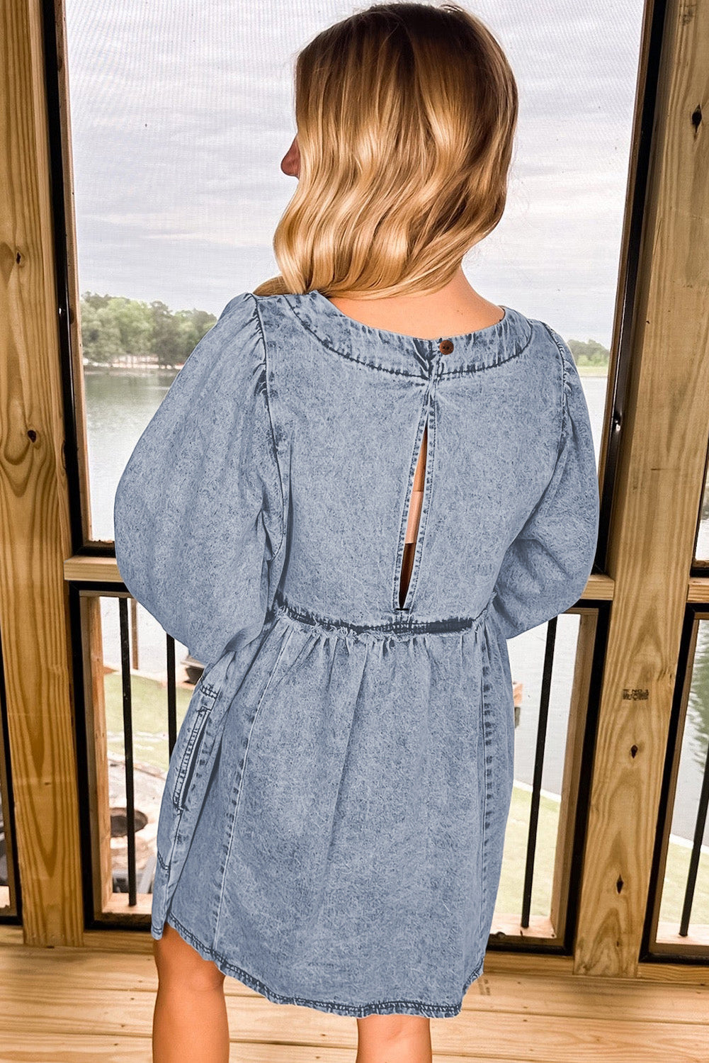 *Beau Blue Light Wash High Waist Loose Fit Denim Mini Dress