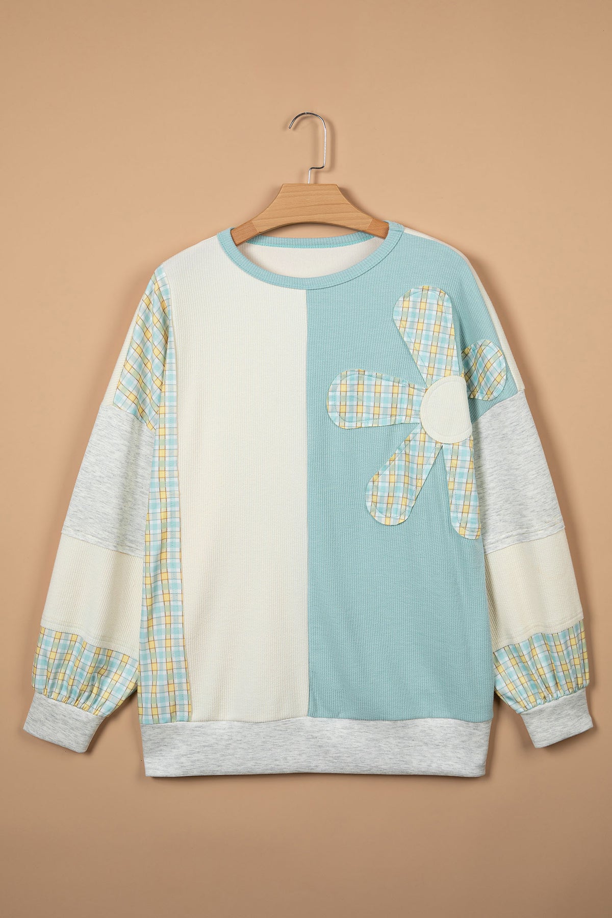 *Light Blue Plaid Patchwork Round Neck Long Sleeve Top