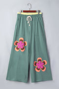 *Sea Green Color Block Flower Patchwork Drawstring Contrasted Elastic Waist Wide Leg Pants