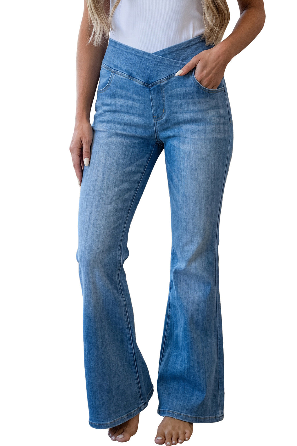 *Dusk Blue Crossed Waist Western Flared Full-length Jeans