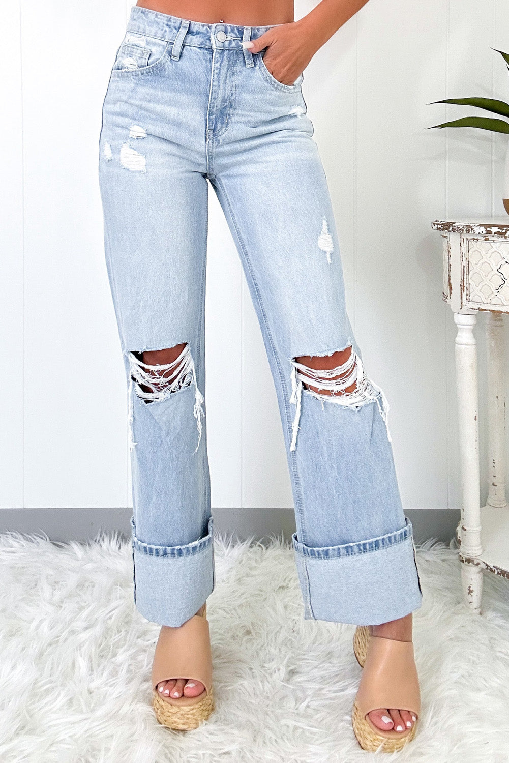 *Beau Blue Light Wash Distressed Straight Jeans