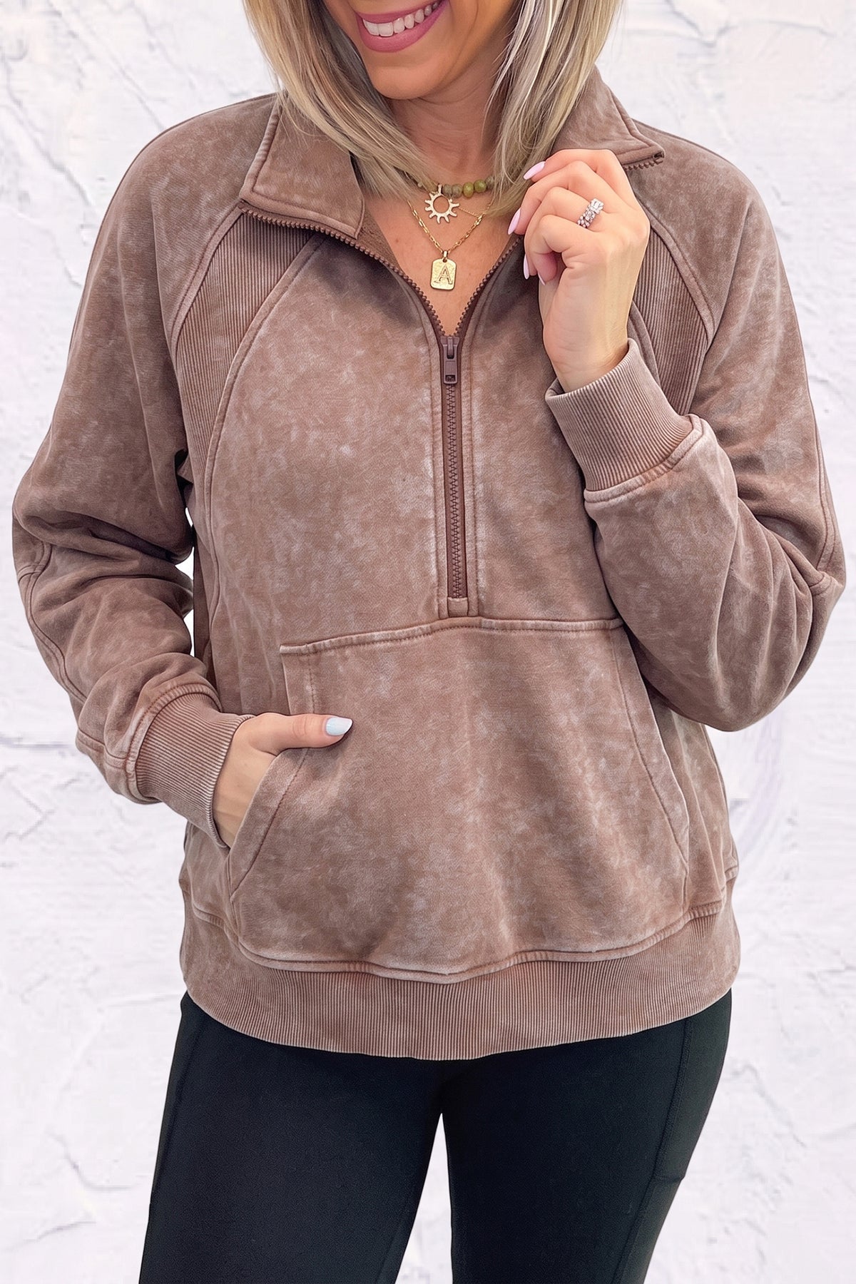 *Chestnut Vintage Half-Zip Long Sleeve Ribbed Cuffs Hem Shift Silhouette Sweatshirt