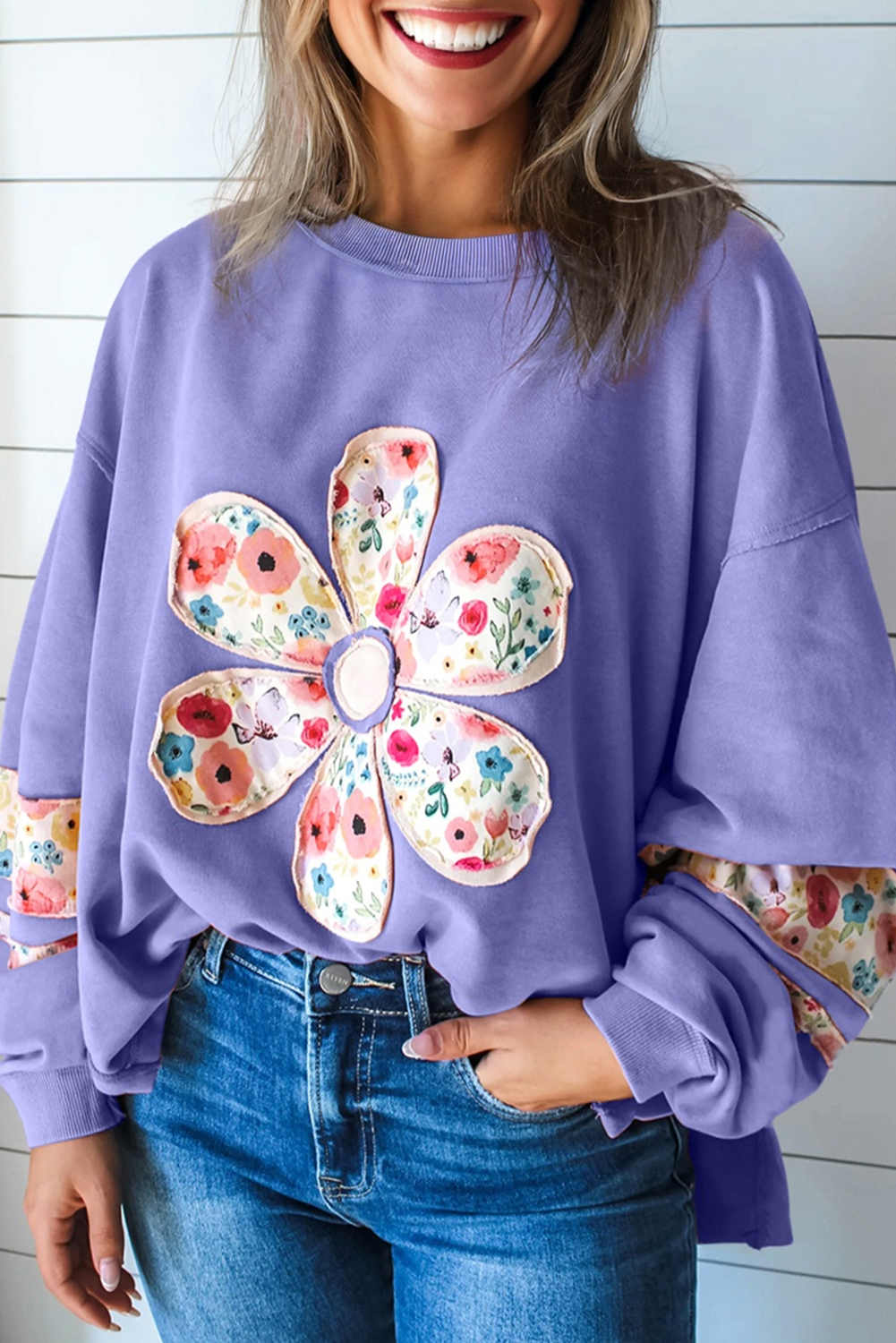 *Pale Khaki Floral Applique Baggy Pullover Sweatshirt