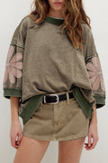 *Breen Mineral Wash Raw Seam Patchwork Flower Patched 3/4 Sleeve Oversize Top