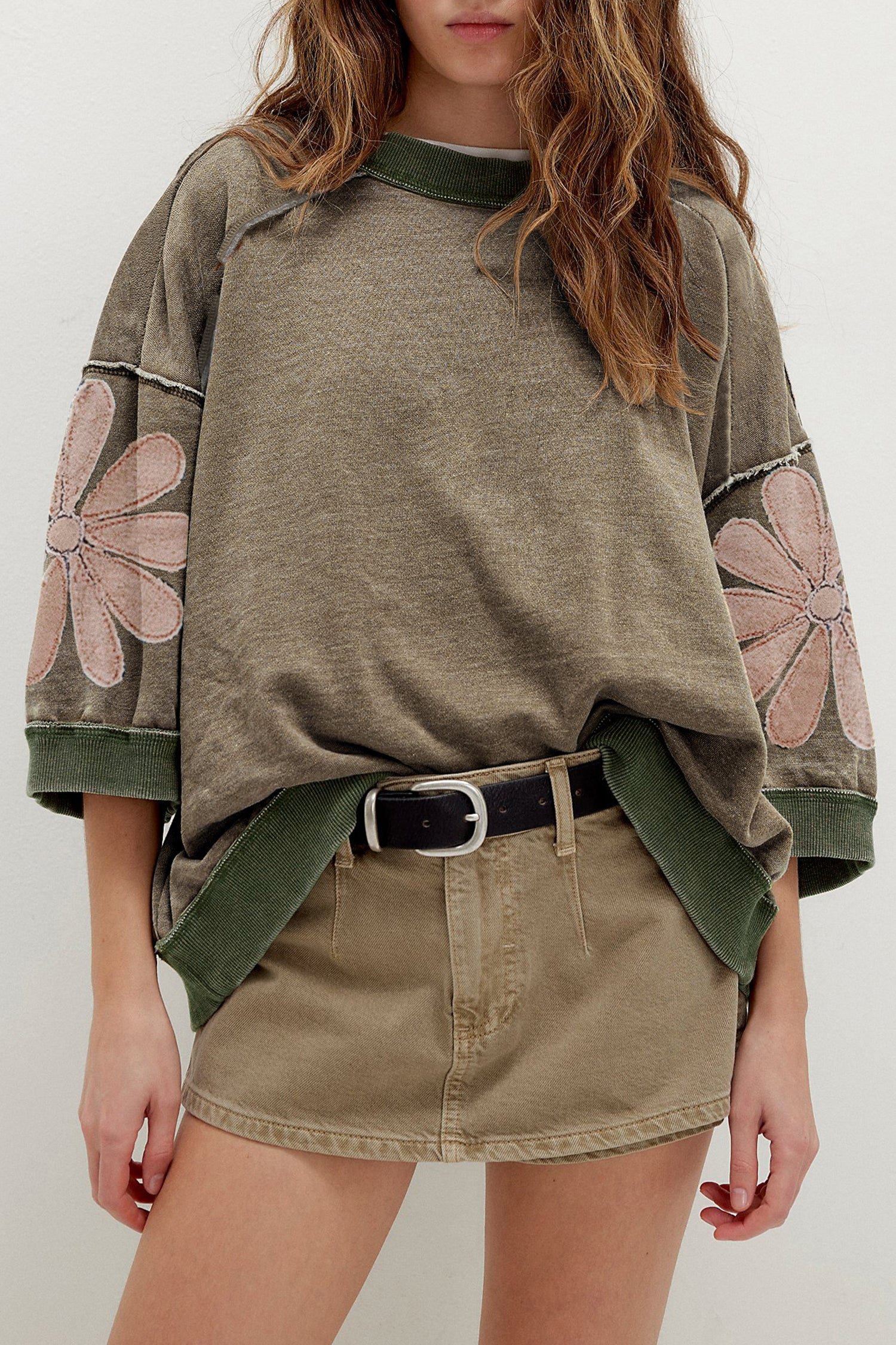 *Breen Mineral Wash Raw Seam Patchwork Flower Patched 3/4 Sleeve Oversize Top