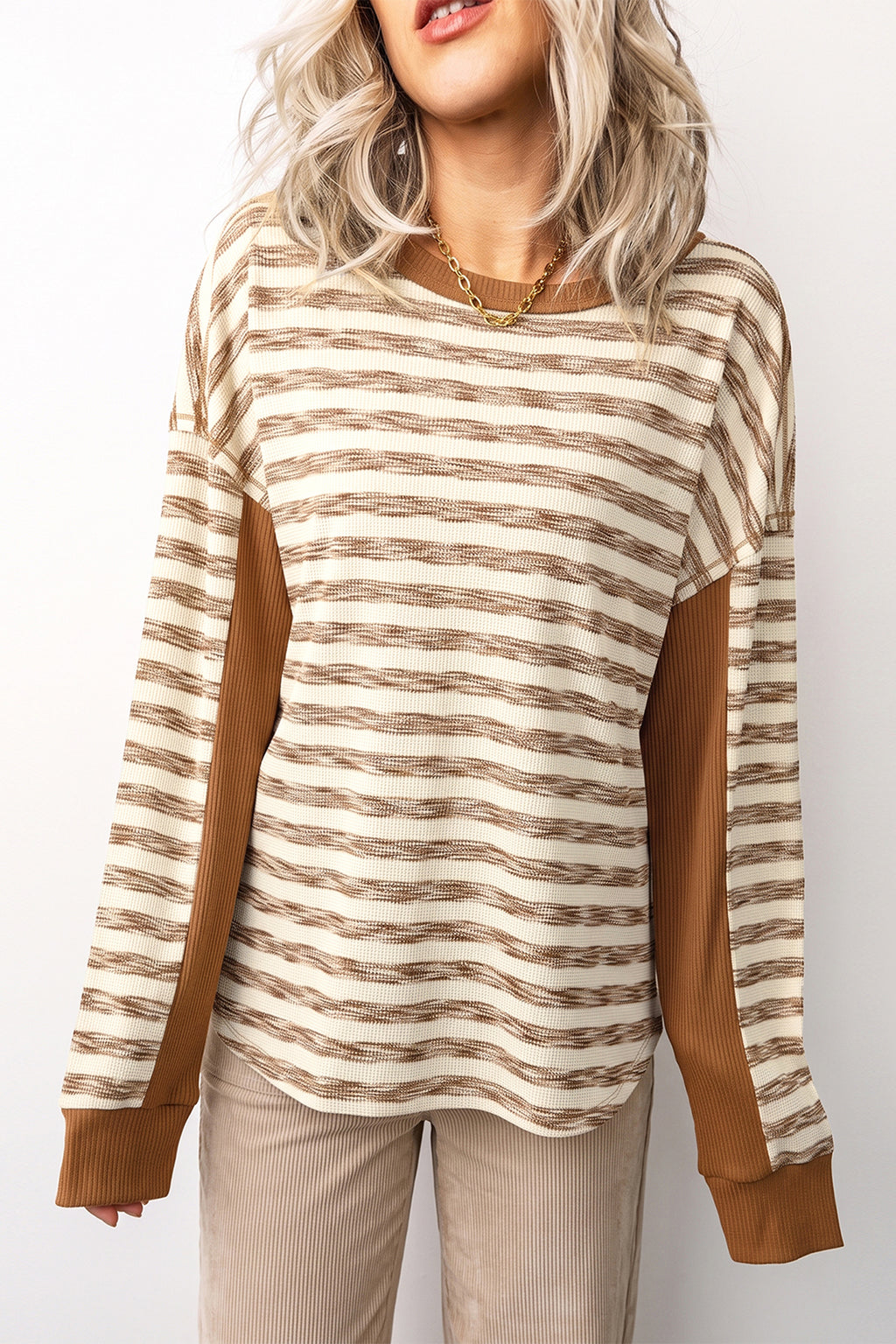 *Brown Stripe Textured Knit Color Block Trim Long Sleeve Round Neck Top