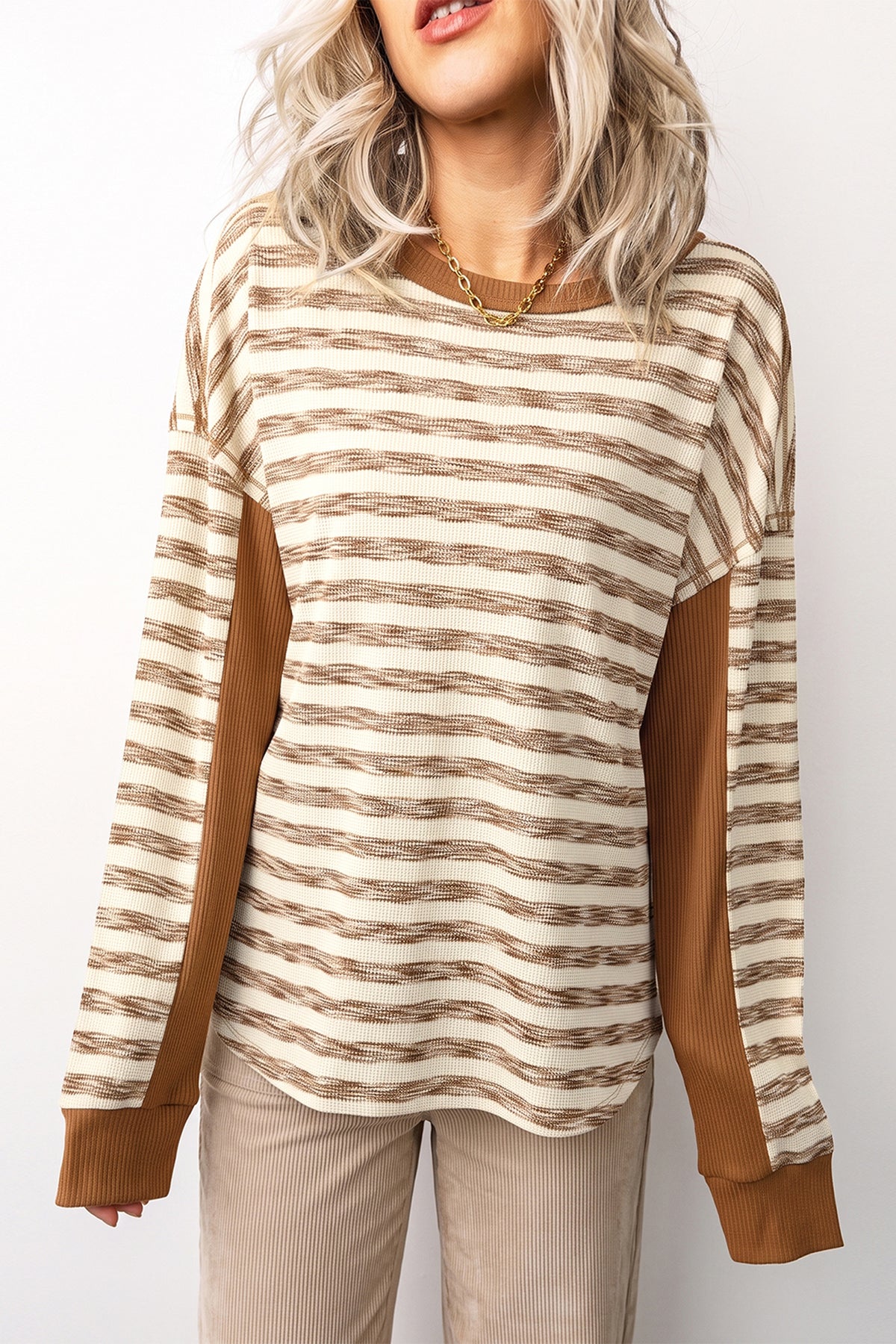 *Brown Stripe Textured Knit Color Block Trim Long Sleeve Round Neck Top