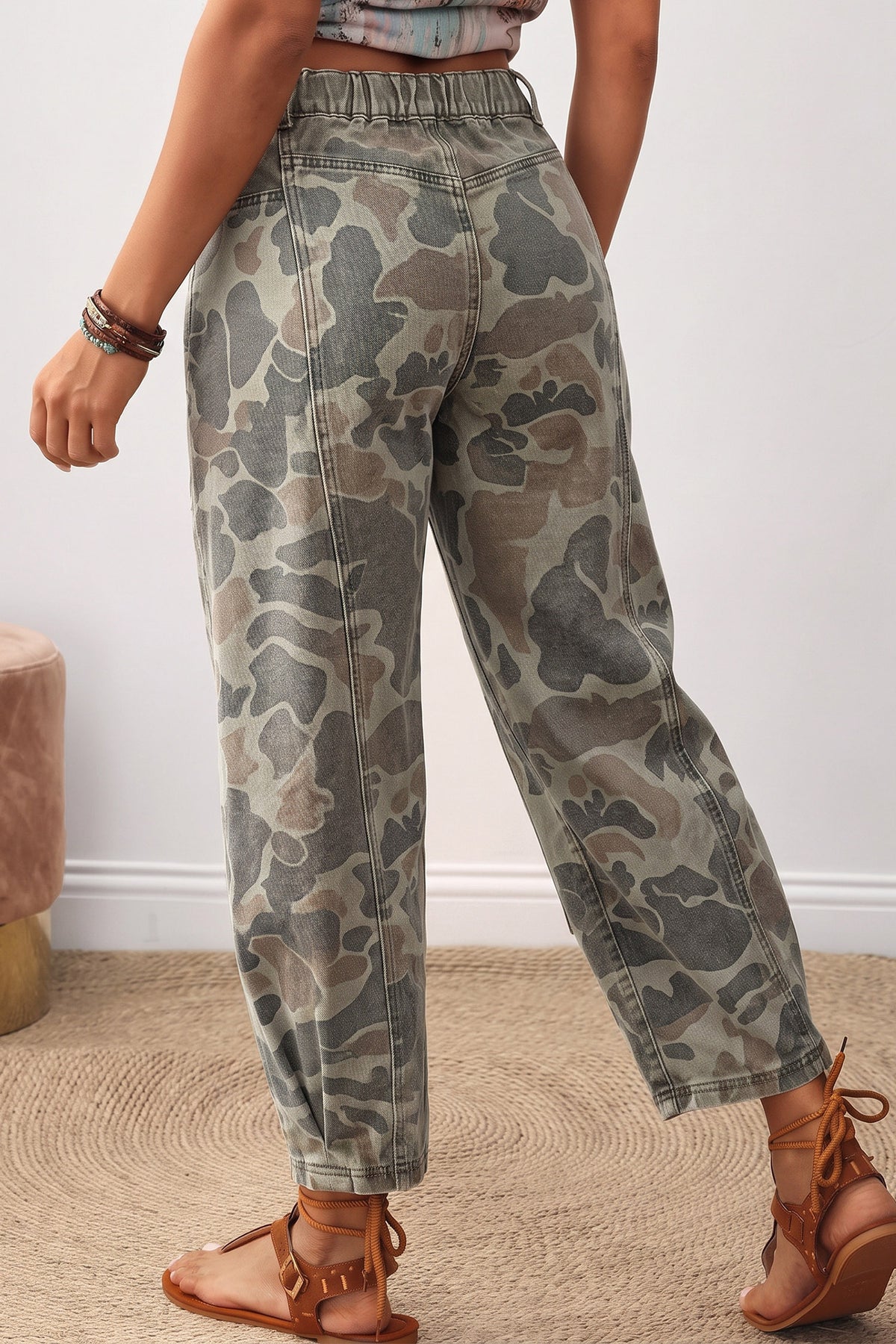 *Khaki Camouflage Pattern Patch Detail Casual Jeans