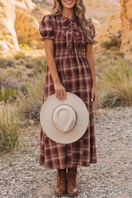 *Red Vintage Plaid Knot Front Smocked High Waist Midi Dress