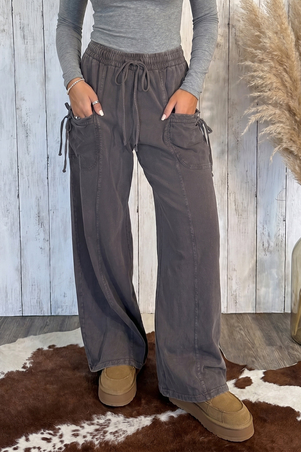 *Dark Brown Cotton Mineral Wash Elastic Waist Drawstring Tie Detail Cargo Pants