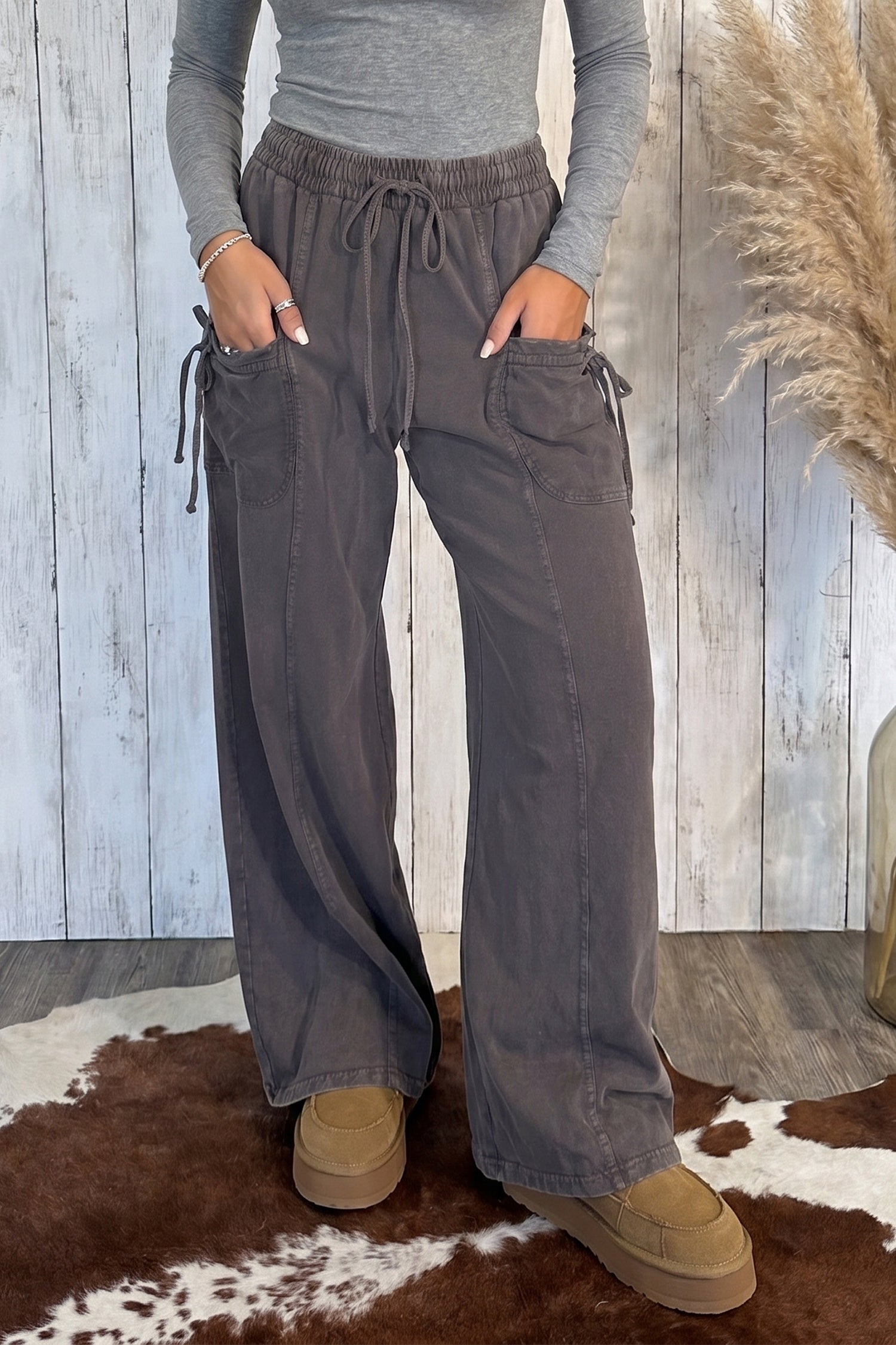 *Dark Brown Cotton Mineral Wash Elastic Waist Drawstring Tie Detail Cargo Pants