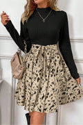 *Black Ribbed Knit Patchwork Printed Belted A-line Dress