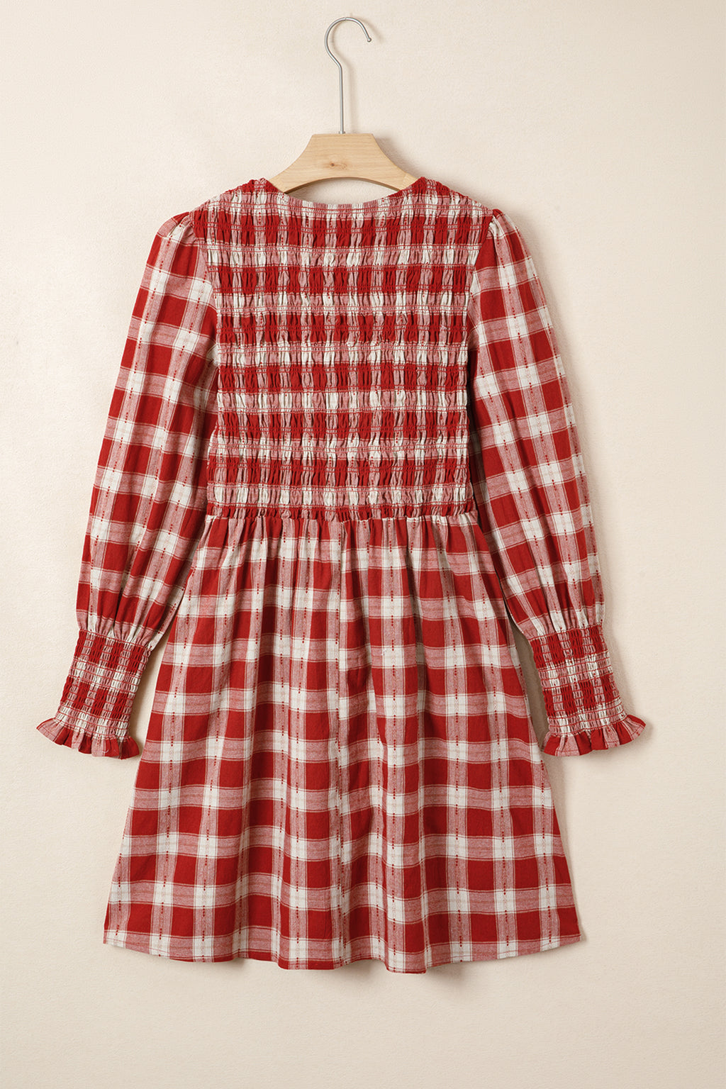 *Red Plaid Print Smocked Puff Sleeve Mini Dress